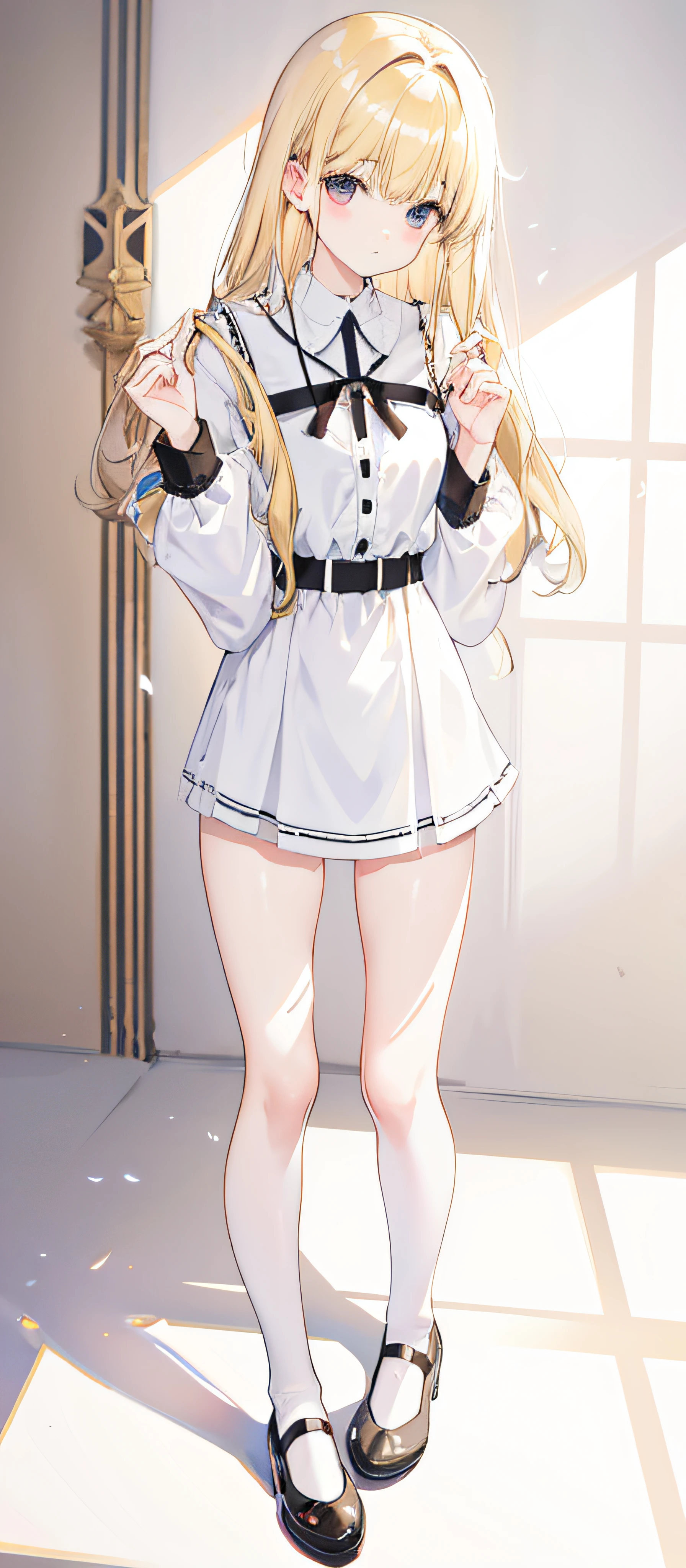 Photorealsitic, Bright indoor, Soft light, Low contrast, Shallow depth of field, Beautiful girl illuminated by gentle light,long straight hair bangs , hair color is a blonde hair chestnut shade with a slight brown tone, hair with a stress no wave, (long-sleeved shirt White long lolis), black skirt (Silk White Socks), (pumps), (Full body:1.5), squatting, Blank white background,look at viewer