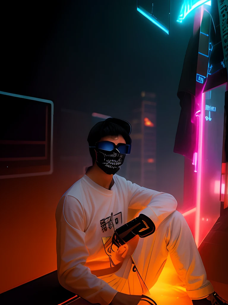 Men, cyberpunk, Wearing a hat., Wearing a mask., Code, world from digital symbols, matrix style, Dark background, Surrealism, cinematic lighting, projected inset, UHD, super detail, best quality