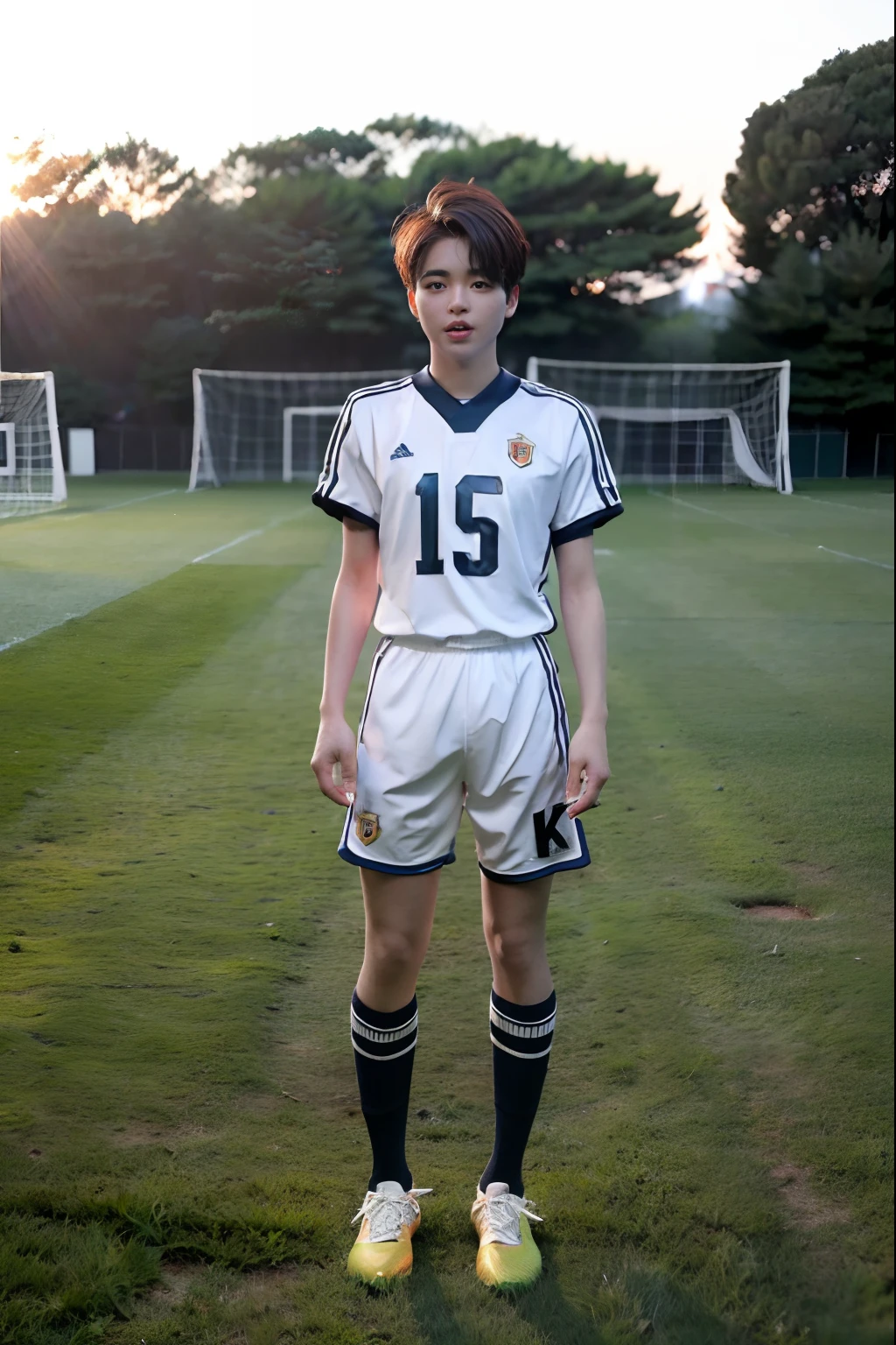 (8K、top-quality、masterpiece:1.2)、(realisitic、Photorealsitic:1.37)、ultra-detailliert、top-quality、超A high resolution、professionally lit、Photon mapping、Radio City、physically-based renderingt、Cinematic lighting、Soccer Ground,depth of fields,Focusing,Sun'rays,Good composition,(Bokeh:1.2),女の子1人,(full body Esbian),(Keep your mouth shut),beautidful eyes,Playing football,Constriction,football uniform,A dark-haired,Unkempt hair,Shorthair,(ulzzang-6500:1.2) mix4, hiqcgbody