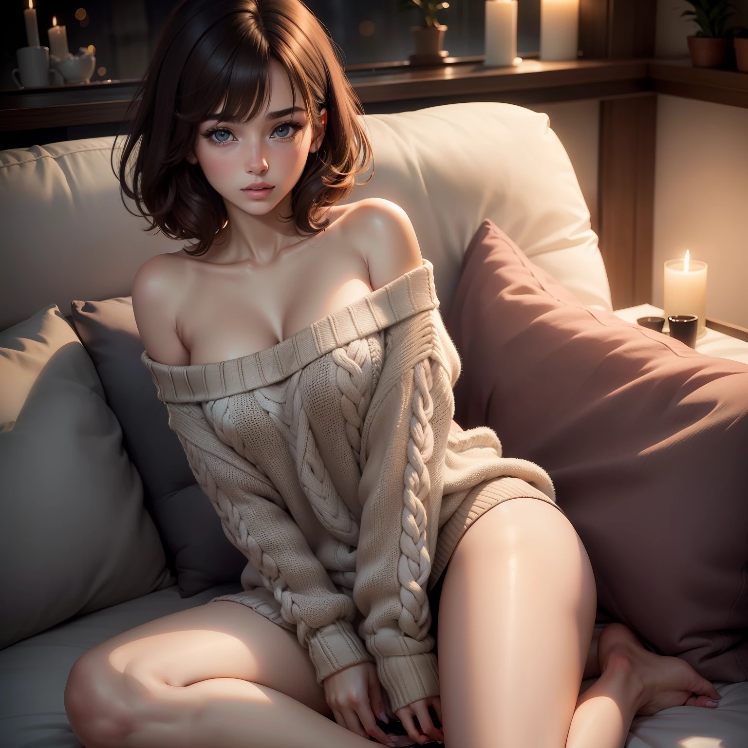 Sexy and cute woman, best friend's sister, alone at home, late night gaming session, brown hair, short bob style, soft eyes, lips parted, deep blush, off shoulder oversized grey sweater, sitting on couch, night time, raining outside, warm