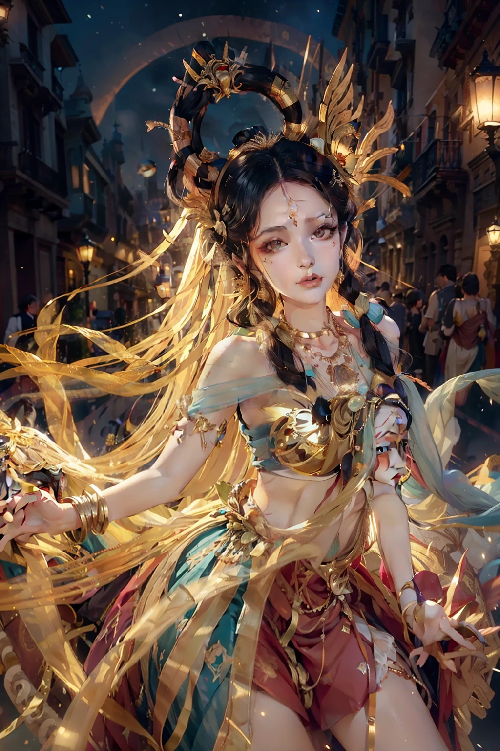 Mujer esbelta, cabello rubio largo, vestido de carnaval veneciano, calle de Venecia, calle de noche, farolas encendidas, carnival mask, hiperrealista, vestido largo, imagen de cuerpo entero, sonrisa insinuante, ojos alegres.
