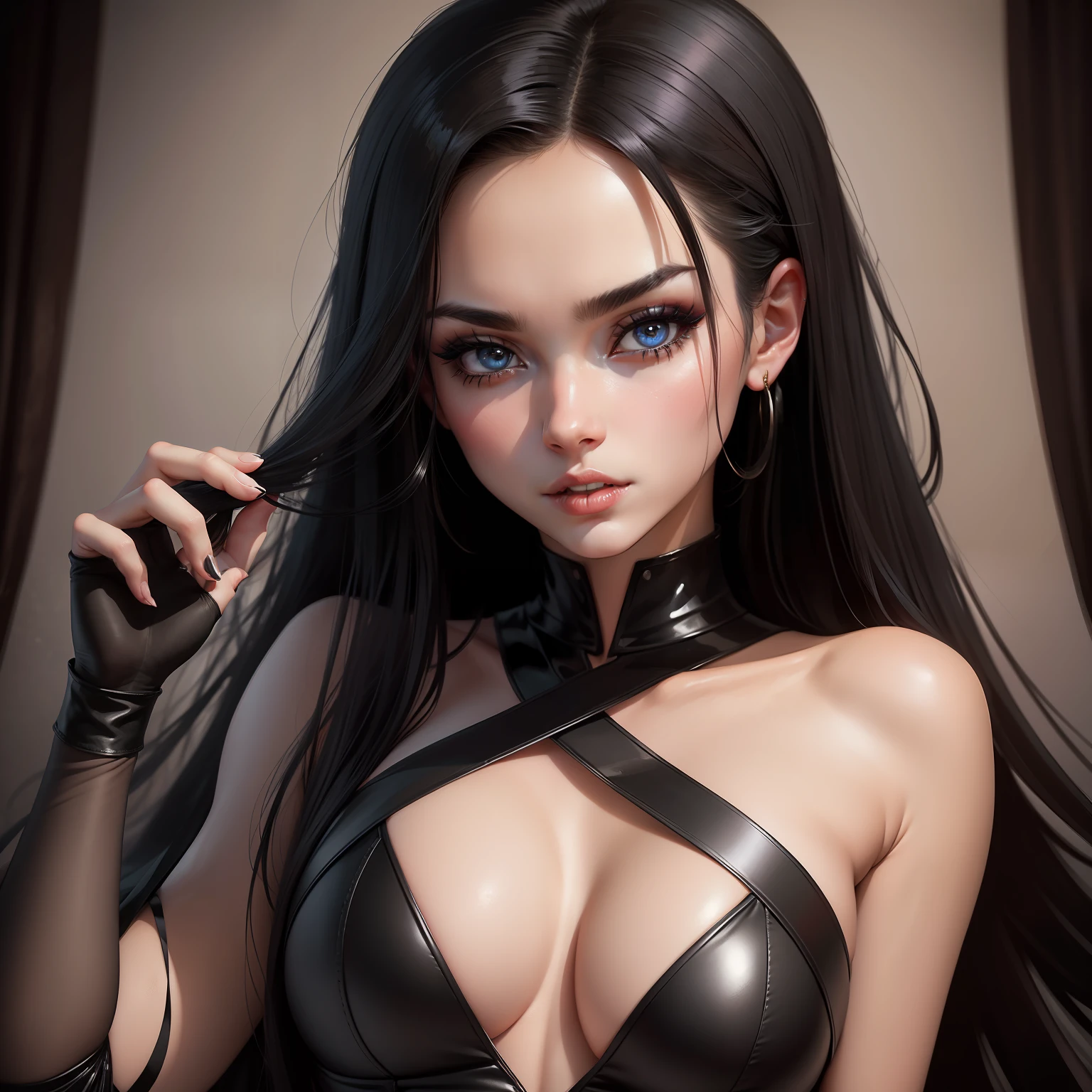 Sexy woman, bully, acting playful, seductive eyes, intense gaze, small room, bedroom, long lustrous black hair, sexy black dress, amazing makeup