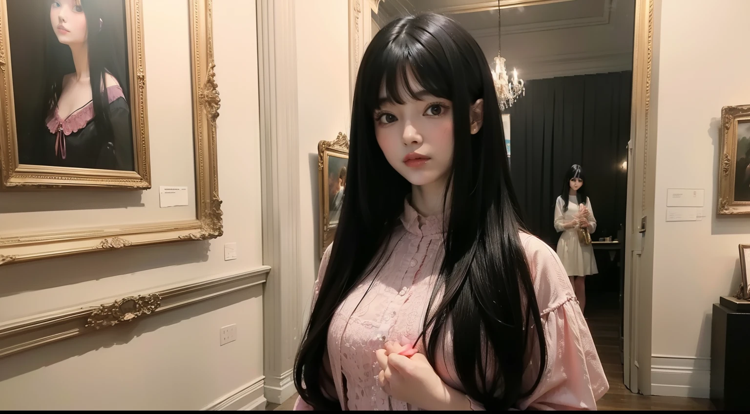 art gallery、A painting is a painting of a room、Beautiful adult woman with long black hair、I have bangs、Wearing a pink dress、30age、Facing the front