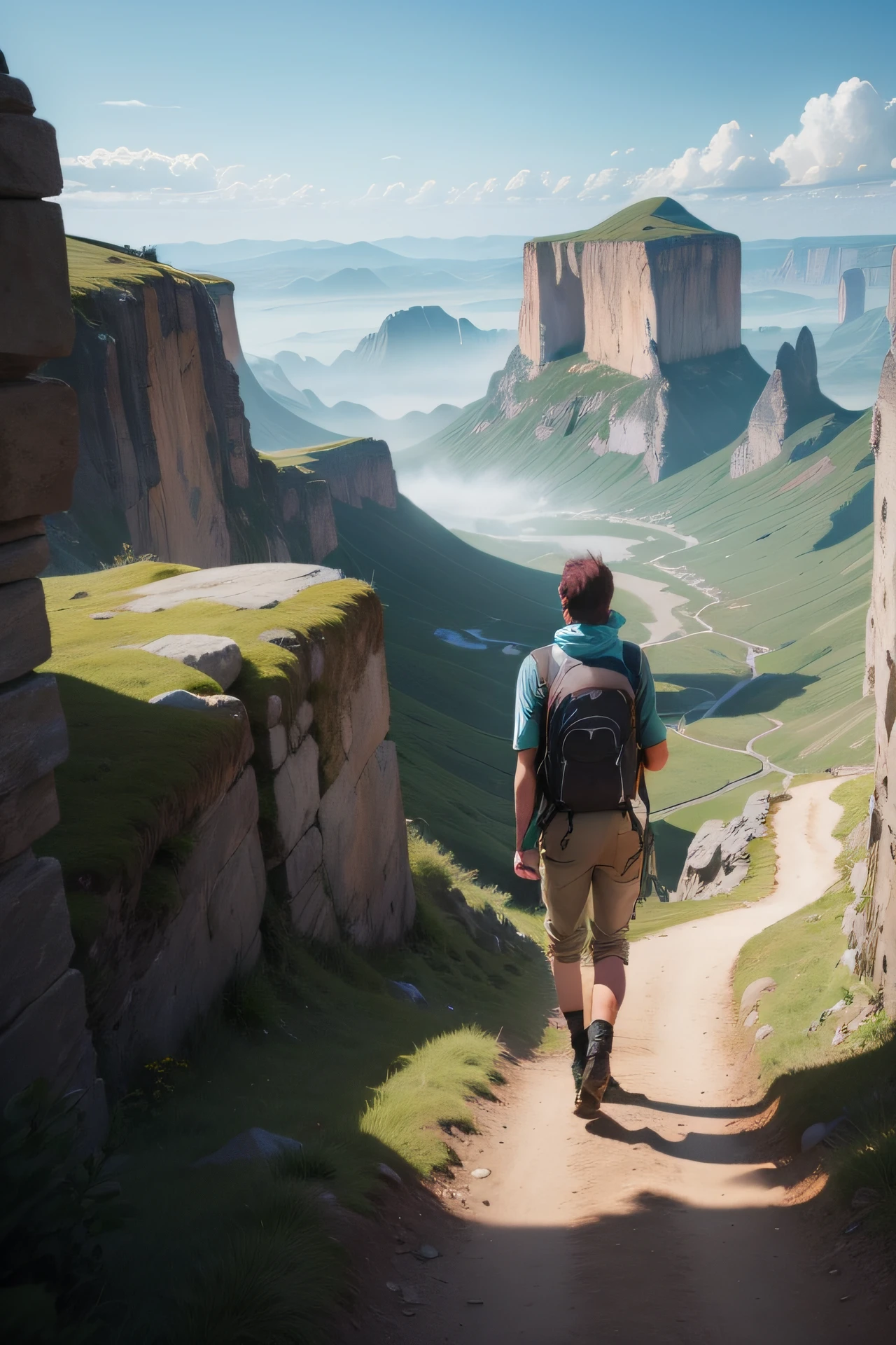 "(Scenic landscape) with (exploration spirit), depict a (wanderer) wearing a backpack on a journey of adventure."