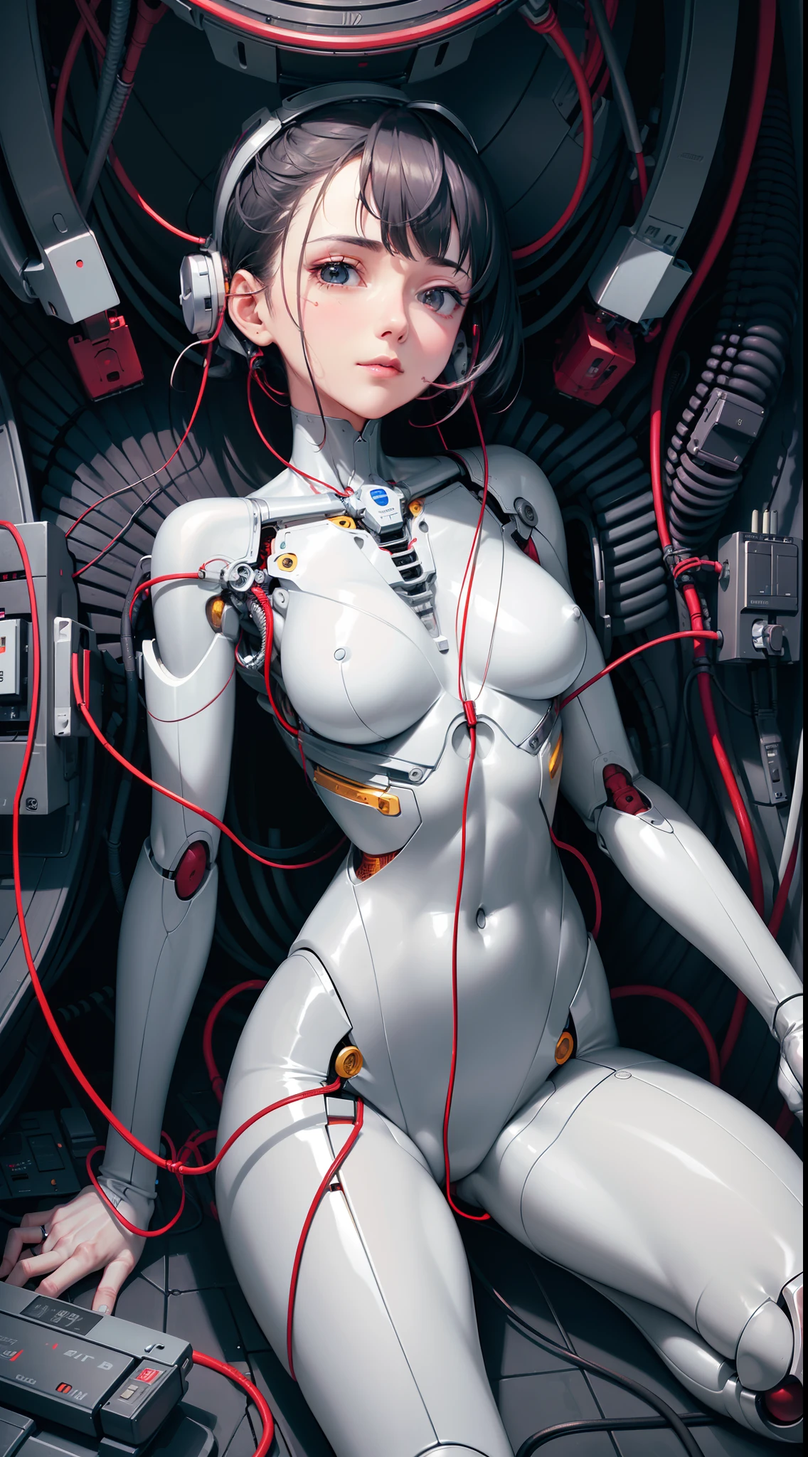 (((Masterpiece))), ((((Best quality)))), (((Ultra-detailed))), (CG illustration), ((Extremely delicate and beautiful)),(Cute and delicate face),Cinematic light,((1 mechanical girl)),Solo,full bodyesbian,(machine made joints:1.4),((Mechanical limb)),(Blood vessel attached to tube),((The mechanical vertebrae are attached to the back)), ((A mechanical cervical vertebrae attached to the neck)),((Seated)),face expressionless,(Wires and cables attached to the head and body:1.5),(Character focus),sci-fy，looks into camera，Black color hair，Black and white style，Blue machinery