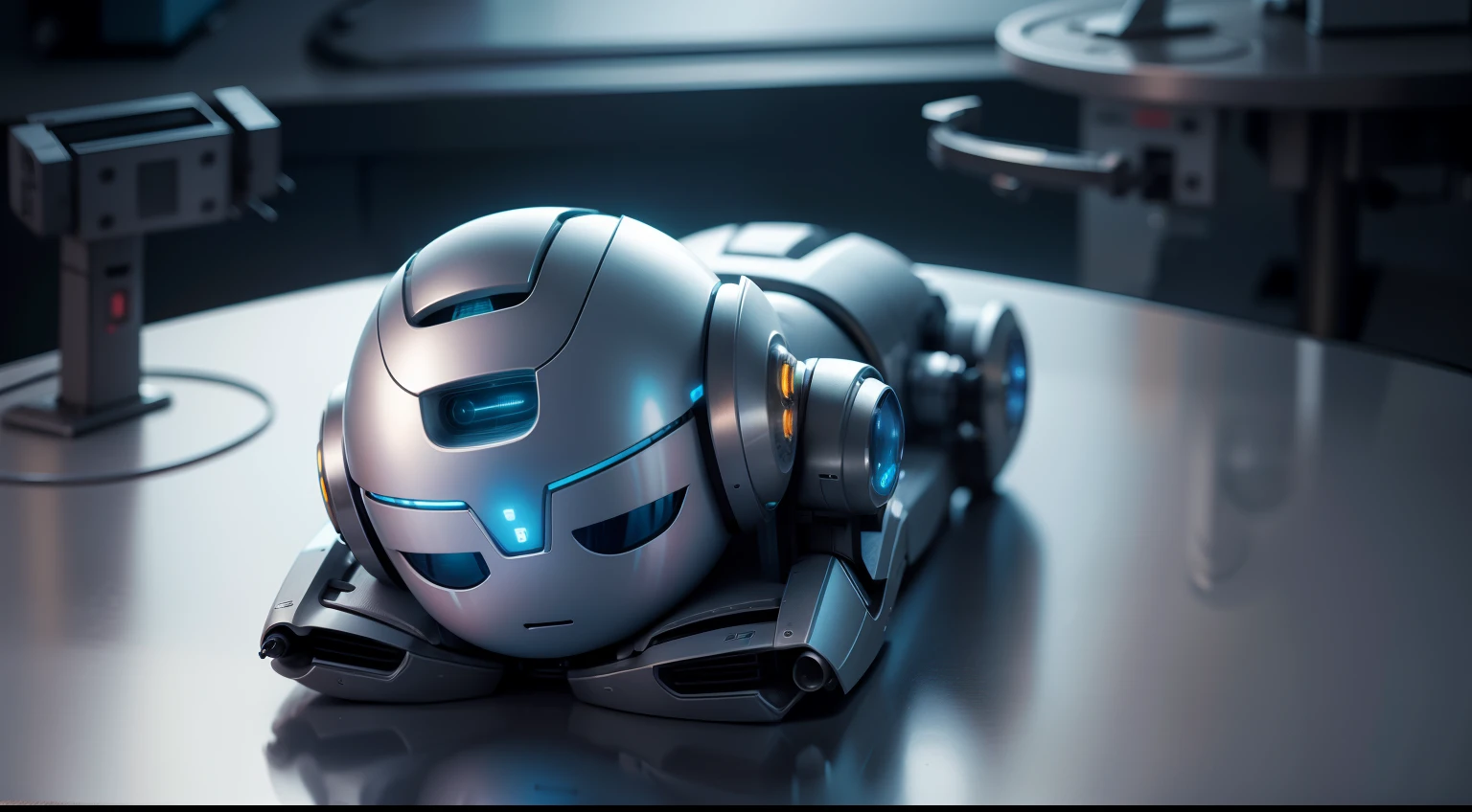 Aerial view of a very cute little robot lying on its back on a table in a  high-tech laboratory room, with closed eyes, not activated yet, humanoid form, highly detailed, nicely proportionate, modern sophisticated surrounding, 8k