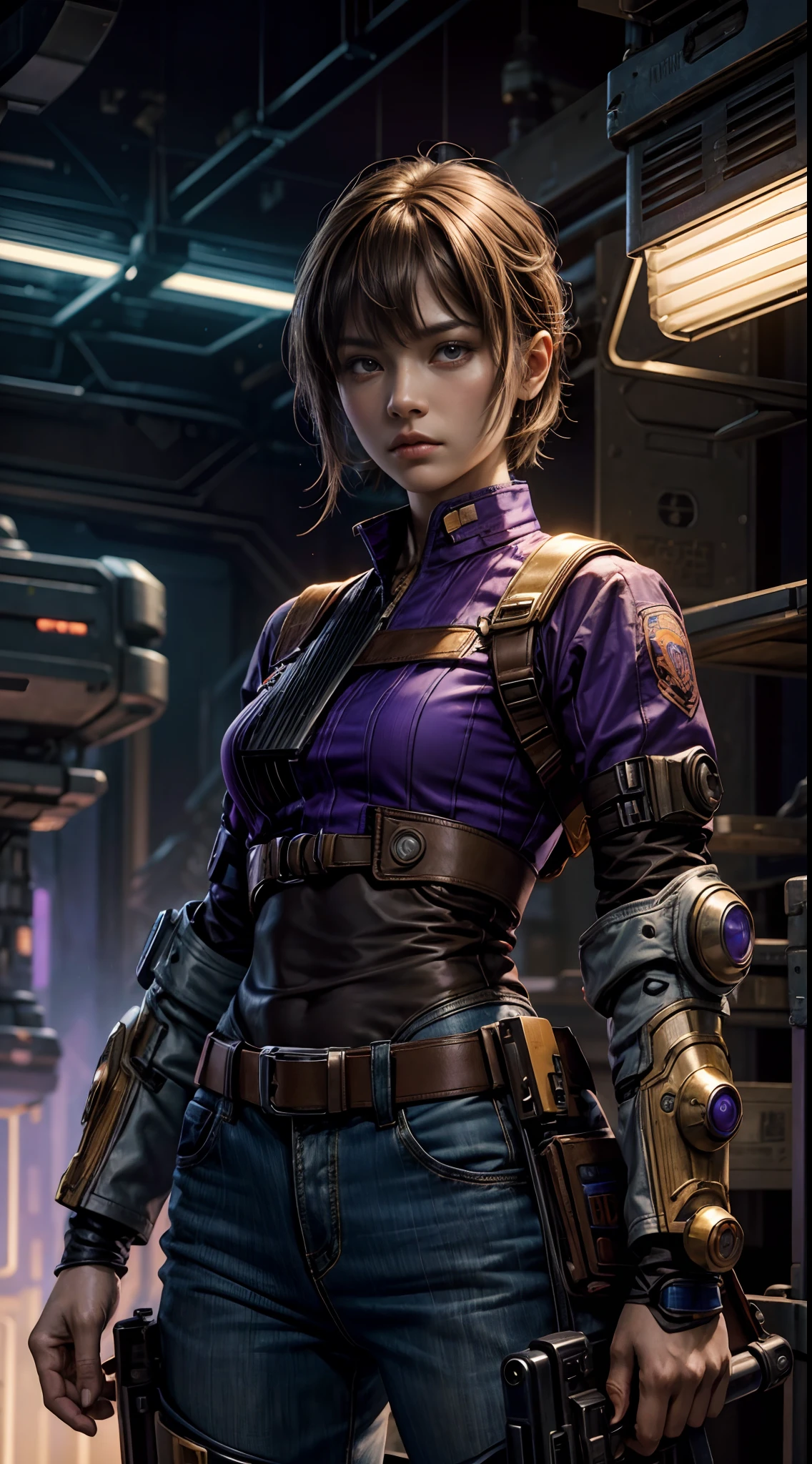 Female warrior monk with short light brown hair, Purple and blue short-sleeved shirt match, hand-held large, state-of-the-art sci fi firearm, Stand against a vintage sci-fi background. The artwork was inspired by Moebius and Ashley Wood...