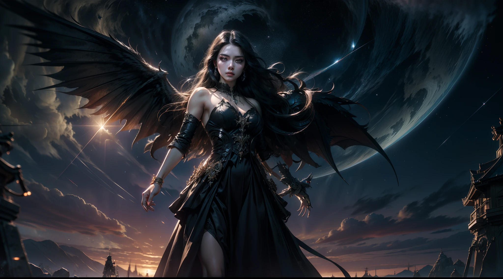 ((best qualtiy)), ((tmasterpiece)), ((Realistis)), (A detailed), (realisticlying:1.5),illusory engine, (High detail: 1.9),(femele:1.4),(big breasts beautiful: 1.4),(carismatic:1.3), (Large breasts), Bat wings,beuaty girl,beauitful face, looking at viewert, dynamicposes, The background is a starry sky,Starcloud,solar eclipse,mystic symbols,crosses,The eye,火焰,hdr, Ray traching, NVIDIA RTX, Hyper-Resolution, Unreal 5, sub surface scattering, PBR textures, Post-processing, Anisotropic filtering, depth of fields, Maximum clarity and sharpness, trichotomy,8K original,(Luminous Particle:1.4),(VerydetailedCG,Unity 8k壁纸,cinmatic lighting,lens flare glow),Reflectors,Sharp focus,black toga,Raised sexy