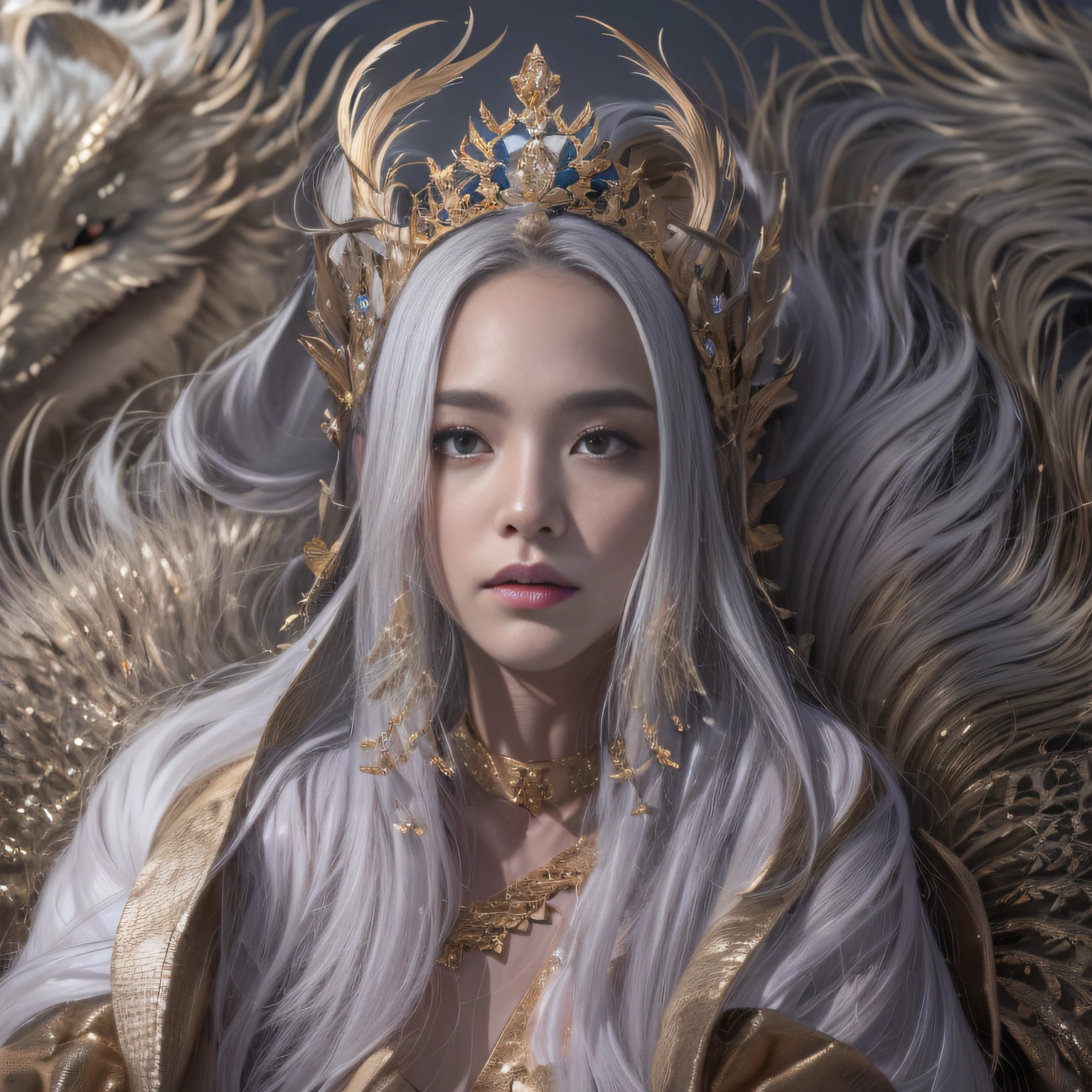 16k(tmasterpiece,k hd,hyper HD,16k)short detailed hair,Gold jewelry area in the back room,King Girl ,Silver Dragon Protector (realisticlying:1.4),Python pattern robe,Purple-pink tiara,Snowflakes fluttering,The background is pure,Hold your head high,Be proud,The nostrils look at people, A high resolution, the detail, RAW photogr, Sharp Re, Nikon D850 Film Stock Photo by Jefferies Lee 4 Kodak Portra 400 Camera F1.6 shots, Rich colors, ultra-realistic vivid textures, Dramatic lighting, Unreal Engine Art Station Trend, cinestir 800,Hold your head high,Be proud,The nostrils look at people