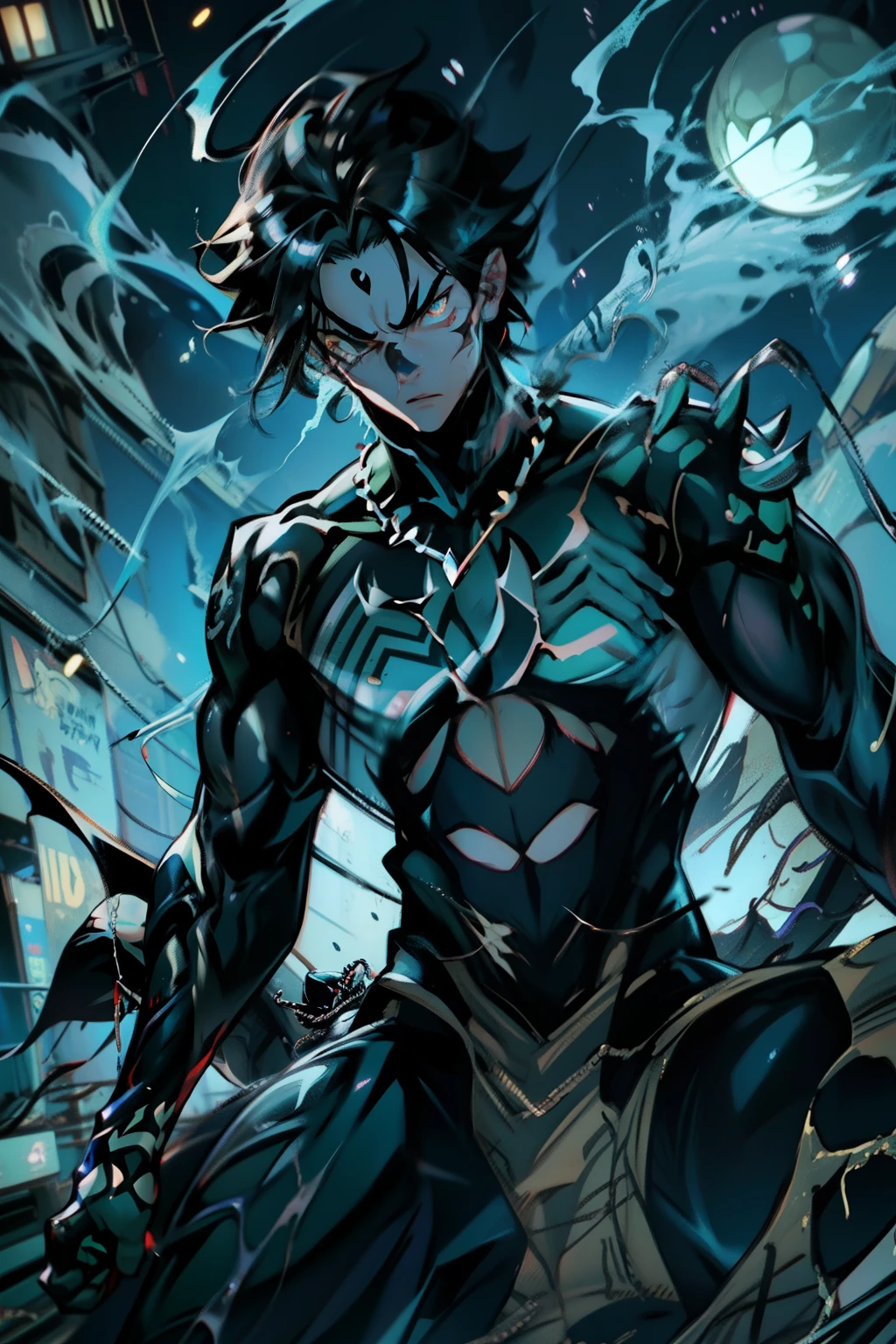 《the original god》Arataki Kazuto , male people, chest muscle, Sexy , Venom symbiote for your body, Black mucus of the body , into venom, venomize,Black bodysuit,(Cloak),Red cape,Abs,(Adult male)((Venom possession,venom symbiote)),over-Tortoise Man,Battle damage,((Masterpiece)), ((Best quality)), Ultra detailed,((illustration)), Dynamic Angle, Detailed light, (Delicate eyes), Floating, 1boy, Male focus, Head, Clothing, Yellow eyes, necklace, tattoo, (Forehead:0.8), (ahoge:0.8), jewelry, brunette color hair,apathy,Ray, chest muscle, Sexy , Venom symbiote for your body, Black mucus of the body , (into venom), Venom,frontage,Bust photo,White tight-fitting top,spiderman outfit,style of anime4 K, 4K anime wallpaper, Badass anime 8 K, 4 k comic wallpaper, young anime man, Anime boys, Anime wallpapers 4 k, Anime wallpaper 4K, High quality anime art style, Anime moe art style, Anime art wallpaper 8 K, Anime art wallpaper 4 K, RGB lighting,