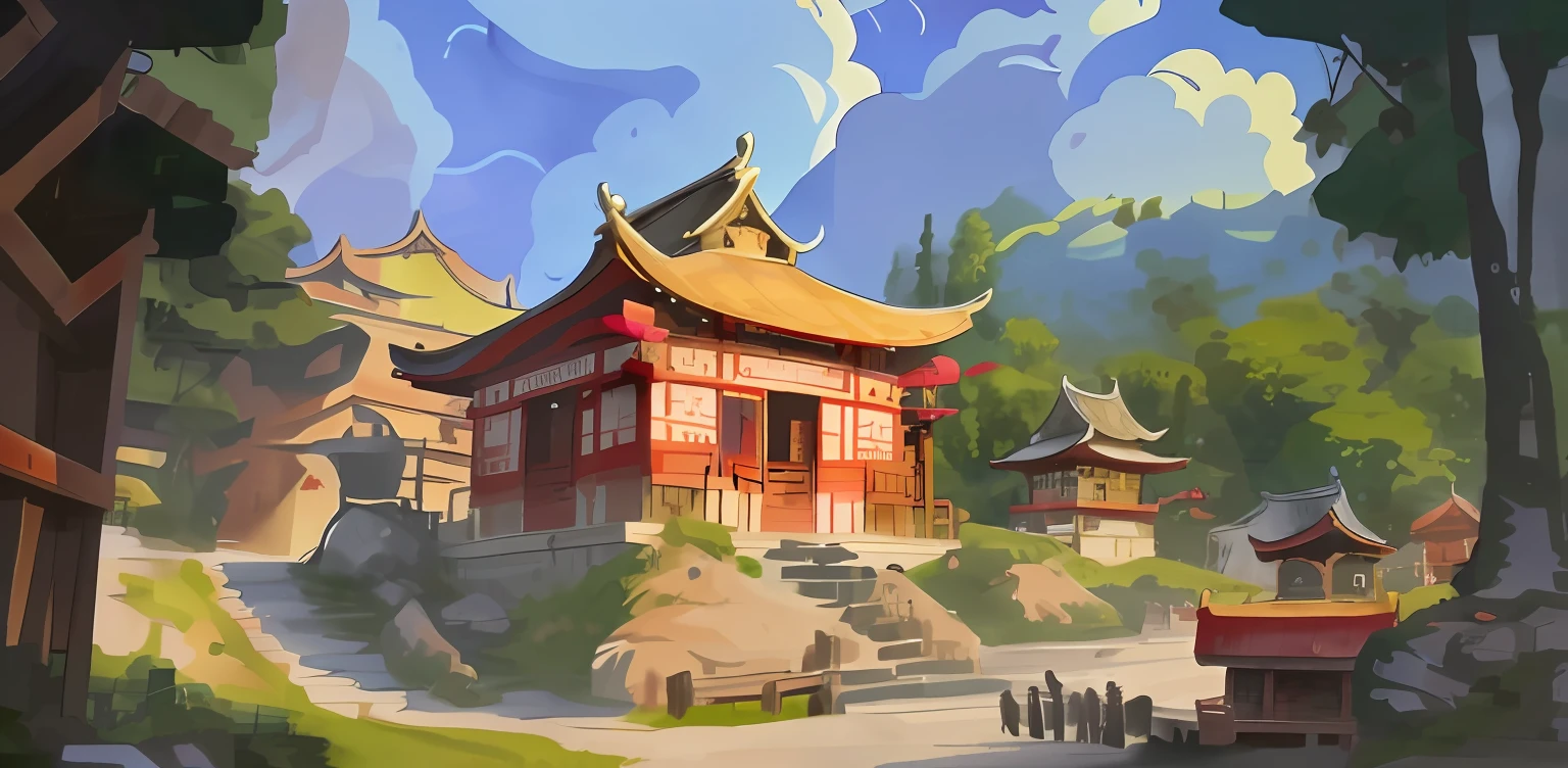 Chinese temple painting with mountains as a background, digital painting of a pagoda, concept art style, painted as a game concept art, Traditional Chinese concept art, Stylized concept art, Anime landscape concept art, G Liulian art style, dojo on a mountain, drawn in anime painter studio, painterly concept art, digital painting concept art