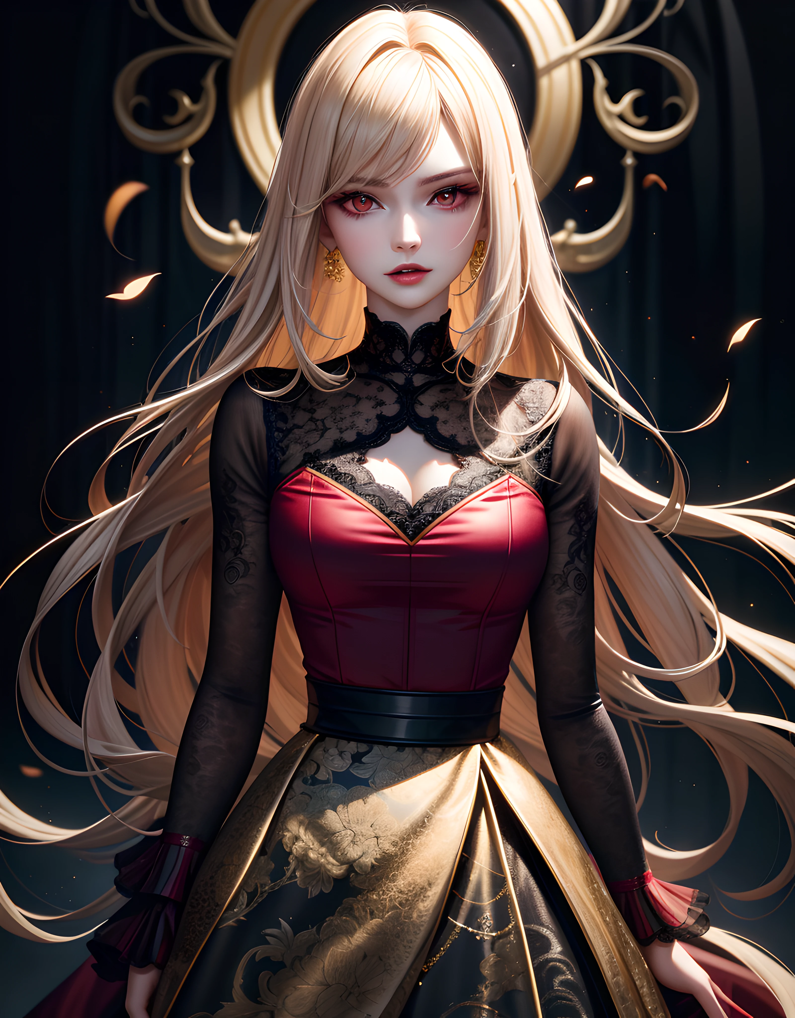 masterpiece, best quality, High quality texture, vampire, a realistic representation of the face, semi-realistic, long voluminous detailed gold hair, red eyes, light pretty floral bokeh, lace dress, volumetric lighting, runway fashion model