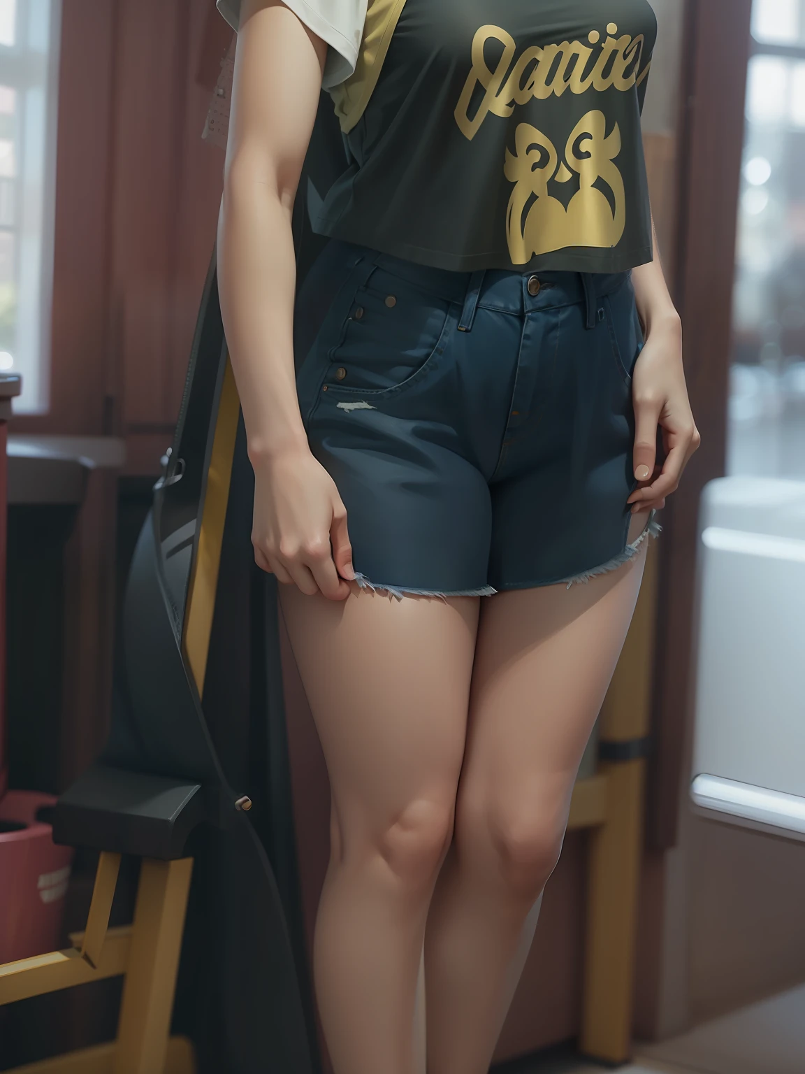 Best quality, full body portrait, delicate face, 18 year old girl, slim figure, small bust, white crop top T-shirt, waist pink denim skirt, gymnasium scene, standing tall