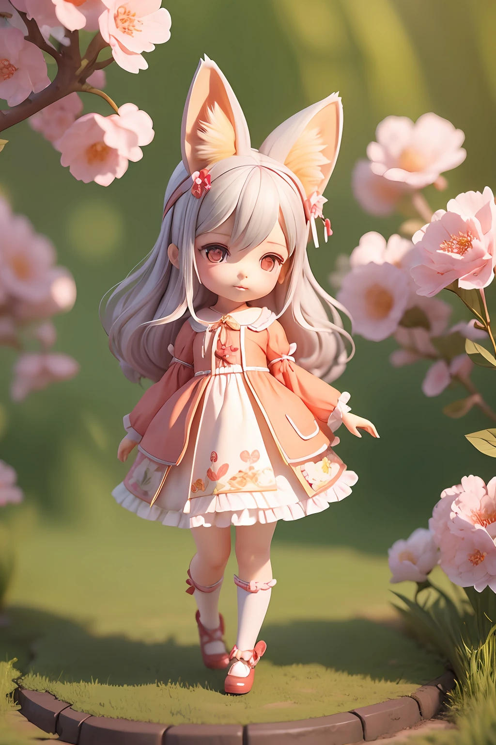 Cute little girl in red dress,Clouds under your feet,Peach blossoms in hand,Like a fairy,Extremely cute,With fox ears,full bodyesbian:2.1,Q printmaking style,Detailed rendering with 3D rendering techniques,Stylized representation of digital art。Render a cute 3D anime girl,Stylized presentation,A cute ceramic doll and a super detailed fantasy character appear at the same time,are rendered in stylized 3D renderings。Cute images of forest creatures and digital art will also appear,The background depicts the atmosphere of April