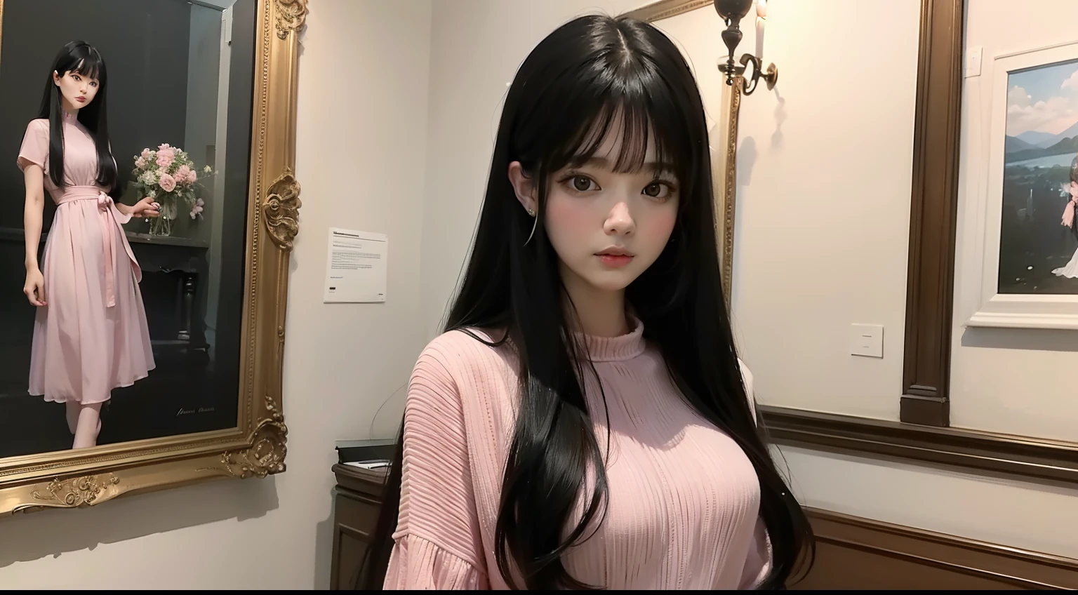 art gallery、A painting is a painting of a room、Beautiful adult woman with long black hair、I have bangs、Wearing a pink dress、３０age、Facing the front