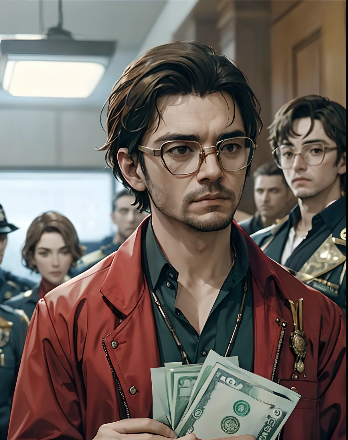 best quality, alvaro morte, a man with glasses and red long court, standing in front of a group of police in a courtroom, closeup, blurry background, like money heist