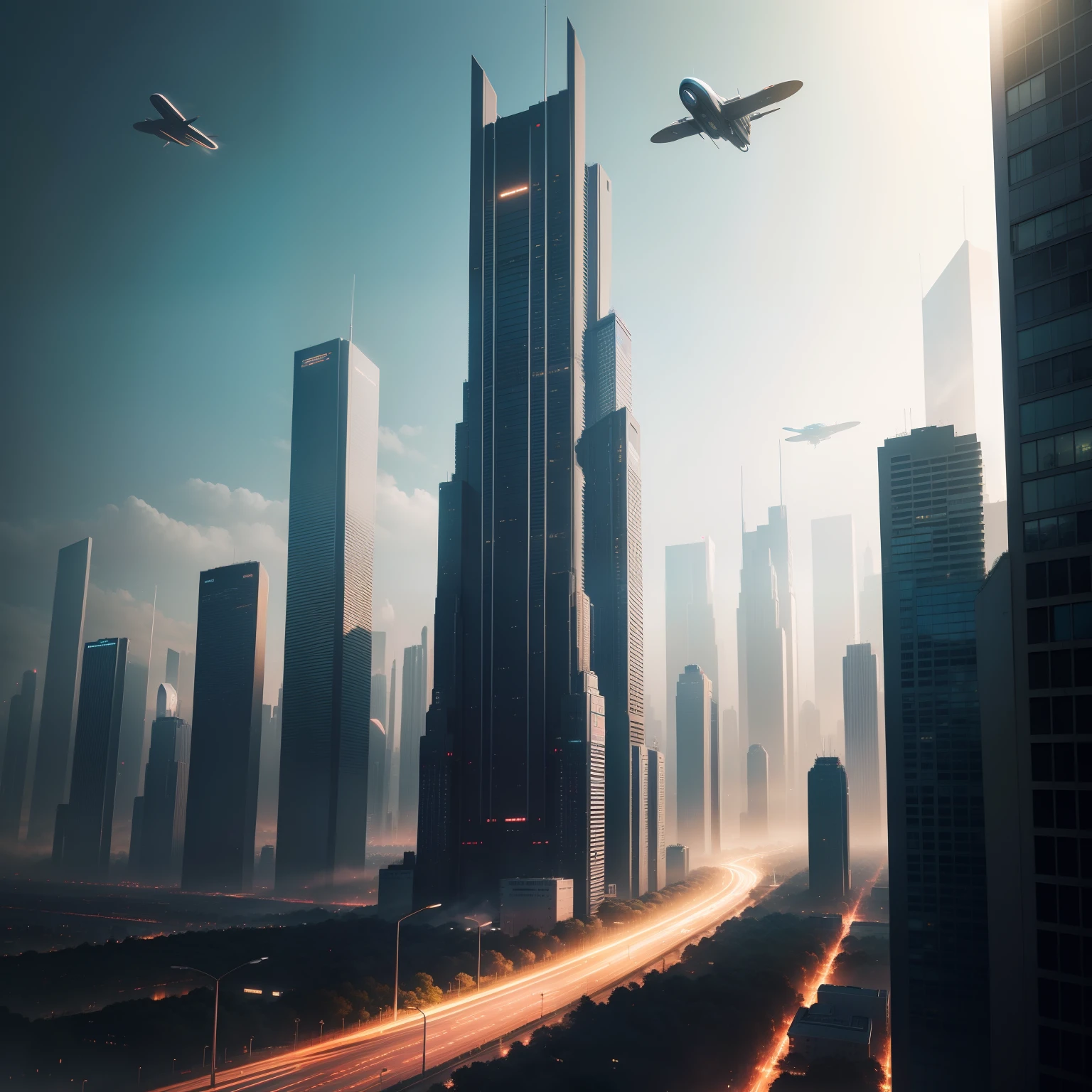 Urban landscape with the image of the future、A forest of high-rise buildings、There are flying cars flying around in the sky。City lights sparkle、Advanced technology is incorporated everywhere。Such an image of a futuristic city、It creates the atmosphere of a science fiction movie.、Surprisingly high quality、