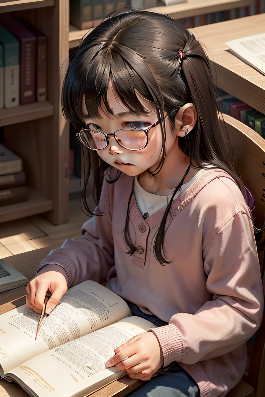 There was a sitting at a table reading a book, reading in library, reading new book, In a library, From reading to playing games, Reading a book, small library, books all over the place, book library studying, trying to read, kid, jinyiwei, Li Zixin, reading for a party, library,Turn girls' clothes yellow