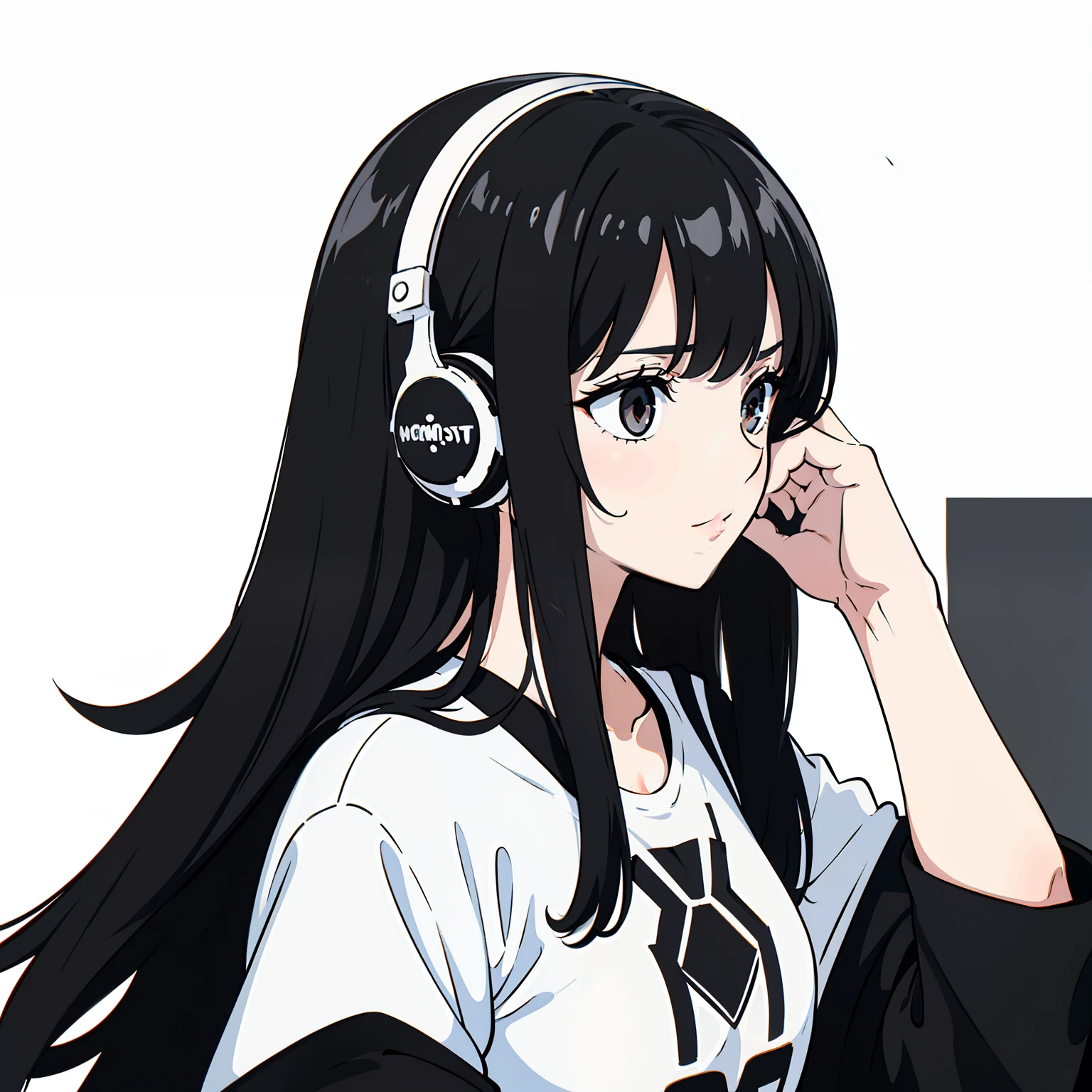 Nonchalant expression, black and white, disheveled fringe, medium messy hair, alluring look, black and white,Black and white painting,White background,Side Face,Over-ear headphones, large ear cups,relaxed browsEyes closed peacefully,Hand resting on head, fingers touching hair