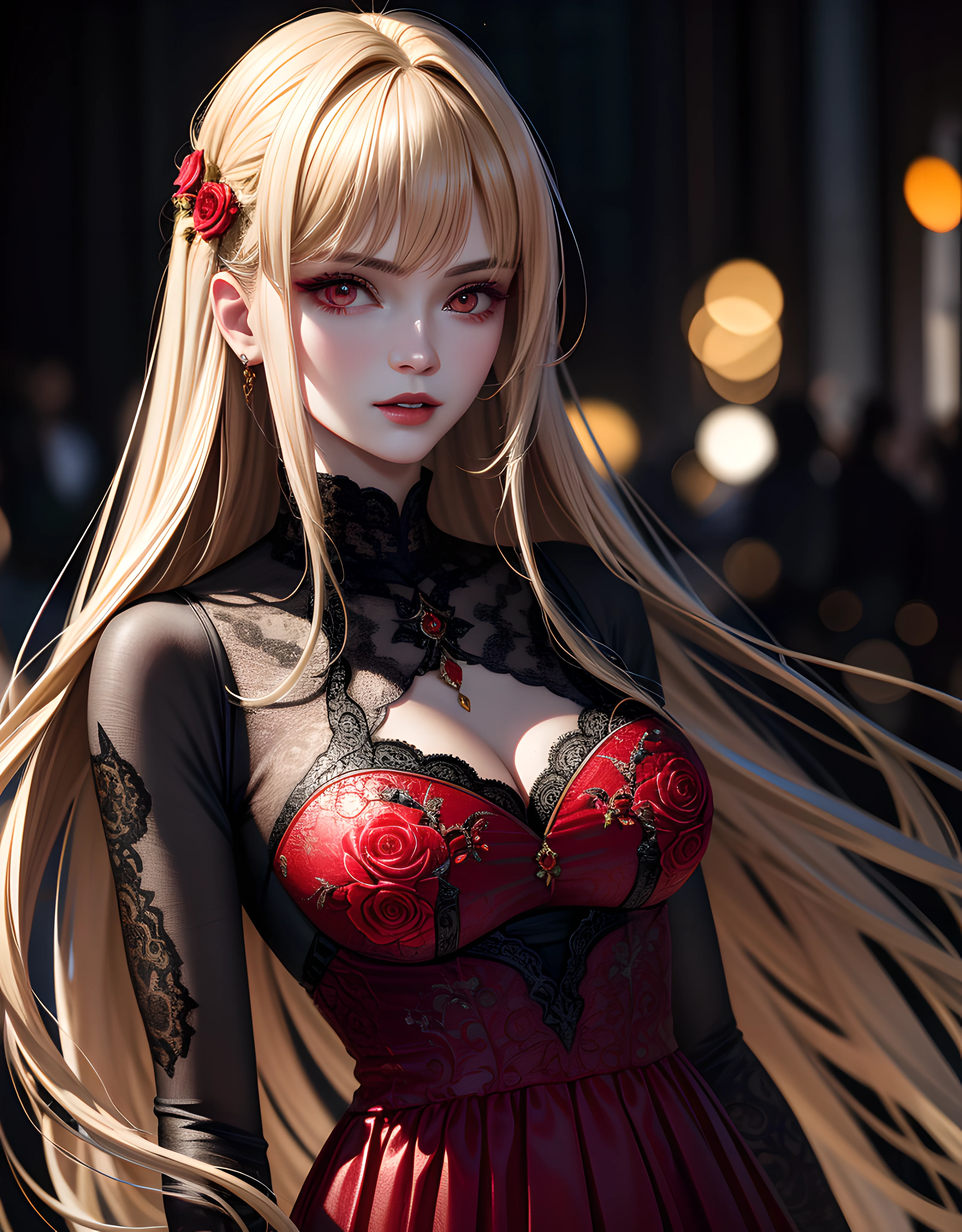 masterpiece, best quality, High quality texture, vampire, a realistic representation of the face, semi-realistic, long voluminous detailed gold hair, red eyes, light pretty floral bokeh, lace dress, volumetric lighting, runway fashion model