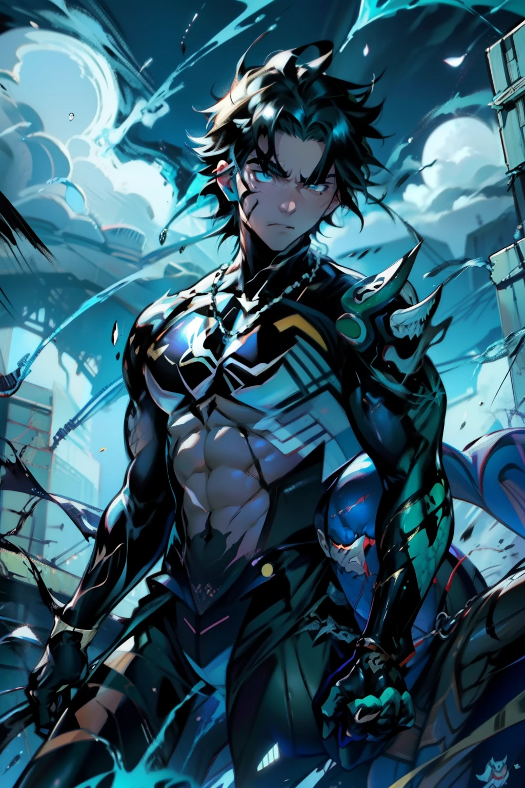 《the original god》Arataki Kazuto , male people, chest muscle, Sexy , Venom symbiote for your body, Black mucus of the body , into venom, venomize,Black bodysuit,(Cloak),Red cape,Abs,(Adult male)((Venom possession,venom symbiote)),over-Tortoise Man,Battle damage,((Masterpiece)), ((Best quality)), Ultra detailed,((illustration)), Dynamic Angle, Detailed light, (Delicate eyes), Floating, 1boy, Male focus, Head, Clothing, Yellow eyes, necklace, tattoo, (Forehead:0.8), (ahoge:0.8), jewelry, brunette color hair,apathy,Ray, chest muscle, Sexy , Venom symbiote for your body, Black mucus of the body , (into venom), Venom,frontage,Bust photo,White tight-fitting top,spiderman outfit,style of anime4 K, 4K anime wallpaper, Badass anime 8 K, 4 k comic wallpaper, young anime man, Anime boys, Anime wallpapers 4 k, Anime wallpaper 4K, High quality anime art style, Anime moe art style, Anime art wallpaper 8 K, Anime art wallpaper 4 K, RGB lighting,