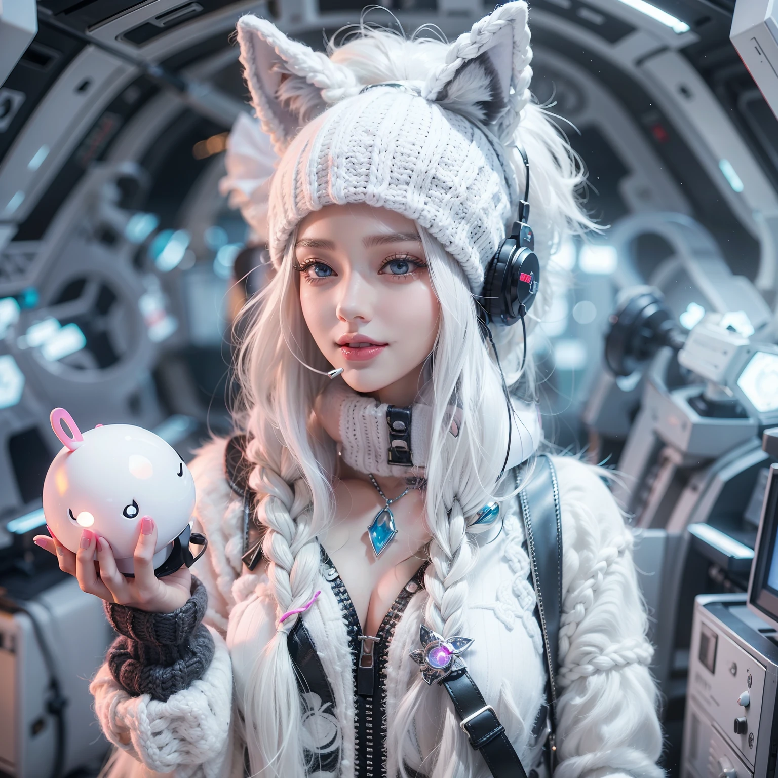 Enchanted woman happy to raise her hand　Perfect beauty　Beautiful white skin　beautidful eyes　Lustrous lips　Lovely smile　White hair in braids　Knitted hat with wolf face　is standing　A futuristic lollipop costume designed in white and black　Functional　head phone　Inside the spacecraft