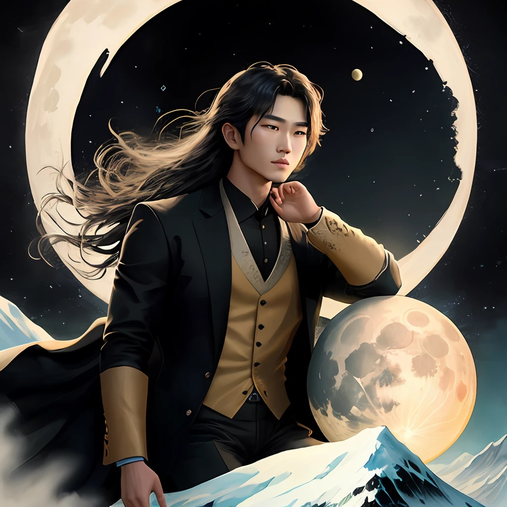Single-width ink painting,Western art must be integrated,And there are different colors,There must be a handsome guy in the painting,And his name should be written next to it as Shao Tongyu,On the top of the mountain, you can draw a beautiful woman with a closed moon looking at him。