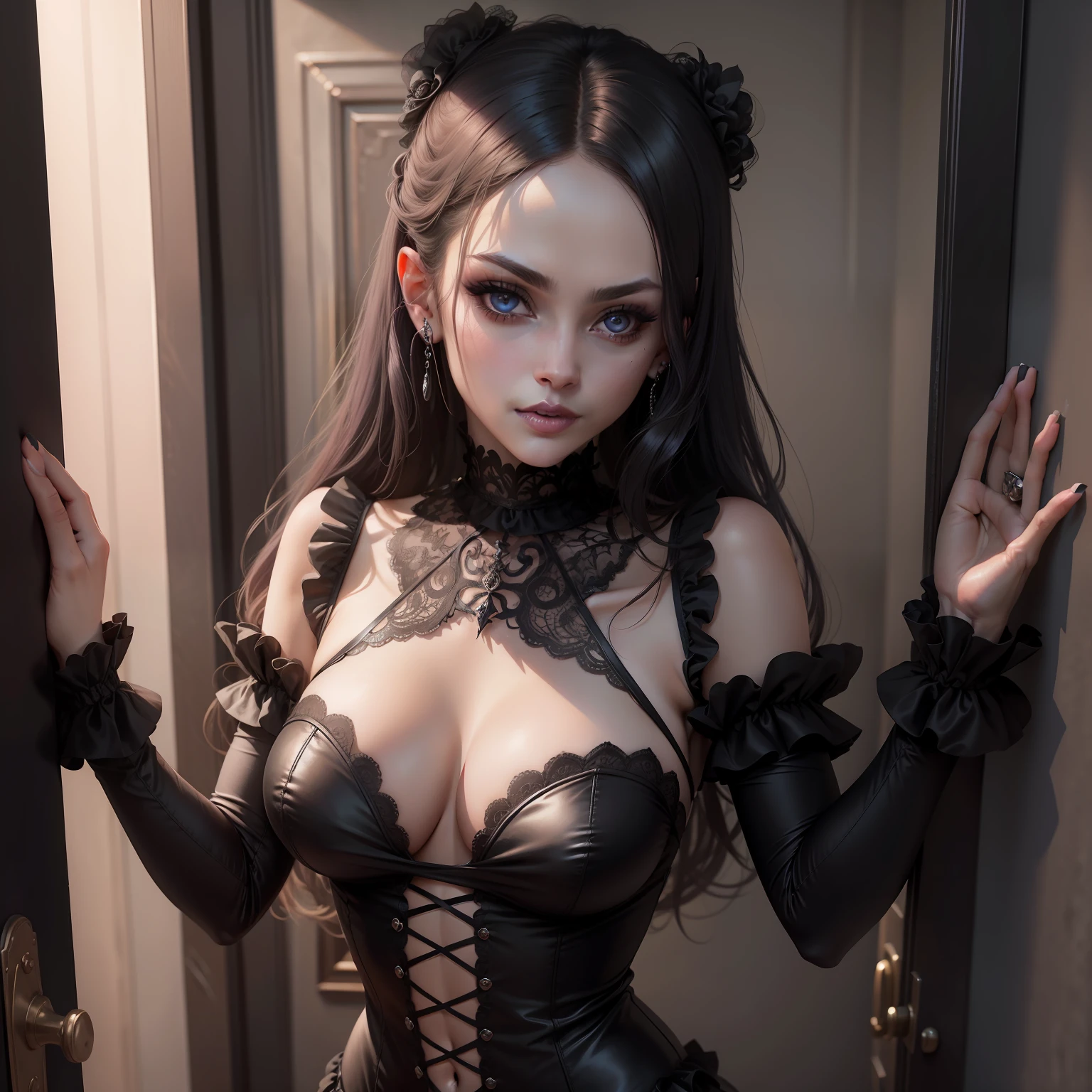 "Goth woman, alluringly cornered, with a softened expression, captivating soft eyes, subtly parted lips, a deep blush, exuding irresistible seduction."