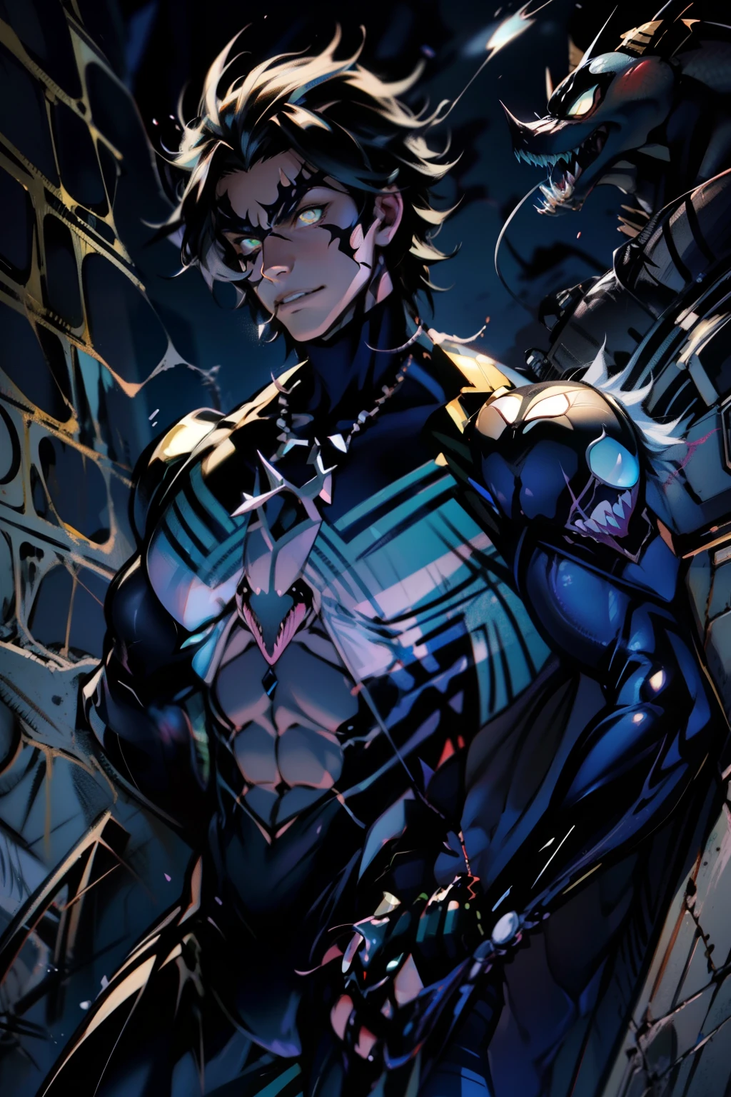 《the original god》Arataki Kazuto , male people, chest muscle, Sexy , Venom symbiote for your body, Black mucus of the body , into venom, venomize,Black bodysuit,(Cloak),Red cape,Abs,(Adult male)((Venom possession,venom symbiote)),over-Tortoise Man,Battle damage,((Masterpiece)), ((Best quality)), Ultra detailed,((illustration)), Dynamic Angle, Detailed light, (Delicate eyes), Floating, 1boy, Male focus, Head, Clothing, Yellow eyes, necklace, tattoo, (Forehead:0.8), (ahoge:0.8), jewelry, brunette color hair,apathy,Ray, chest muscle, Sexy , Venom symbiote for your body, Black mucus of the body , (into venom), Venom,frontage,Bust photo,White tight-fitting top,spiderman outfit,style of anime4 K, 4K anime wallpaper, Badass anime 8 K, 4 k comic wallpaper, young anime man, Anime boys, Anime wallpapers 4 k, Anime wallpaper 4K, High quality anime art style, Anime moe art style, Anime art wallpaper 8 K, Anime art wallpaper 4 K, RGB lighting,