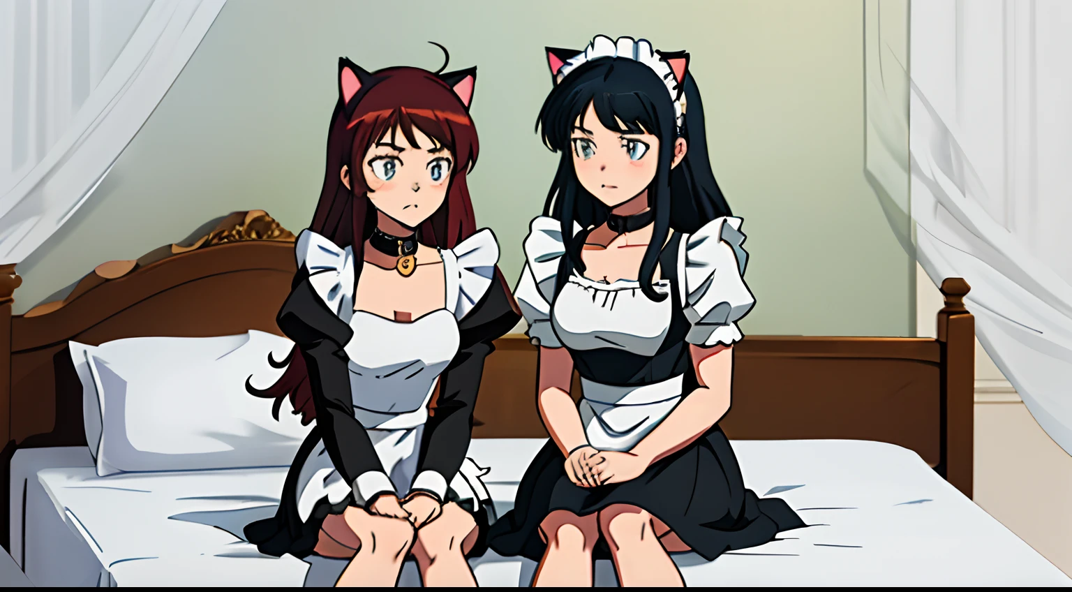 twogirls，One dressed in a black and white maid outfit，Wearing cat ears，sitting on his knees on the bed，A coquettish expression，Collar，best qualtiy，Anime style