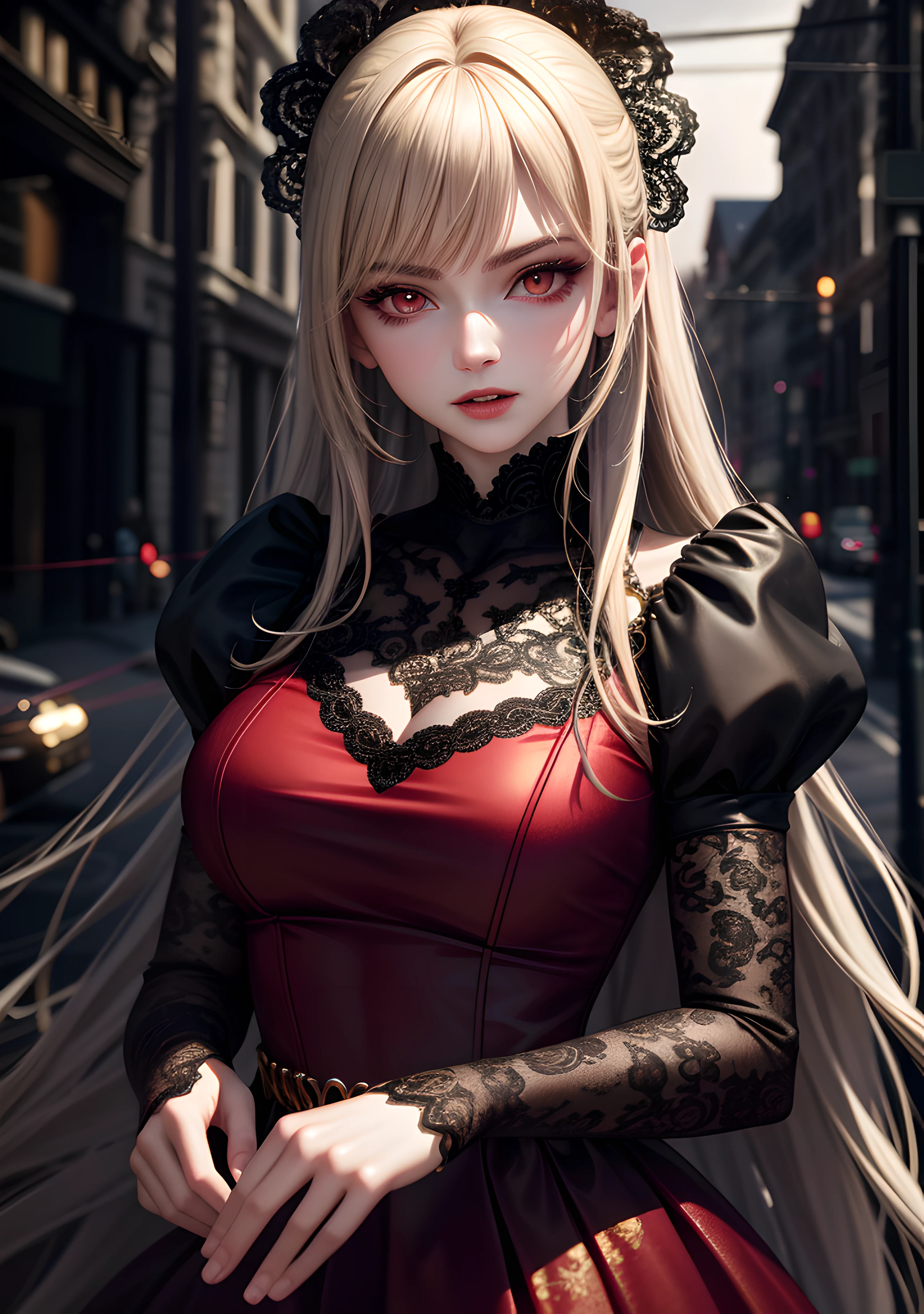 masterpiece, best quality, High quality texture, vampire, a realistic representation of the face, semi-realistic, long voluminous detailed gold hair, red eyes, light pretty floral bokeh, lace dress, volumetric lighting