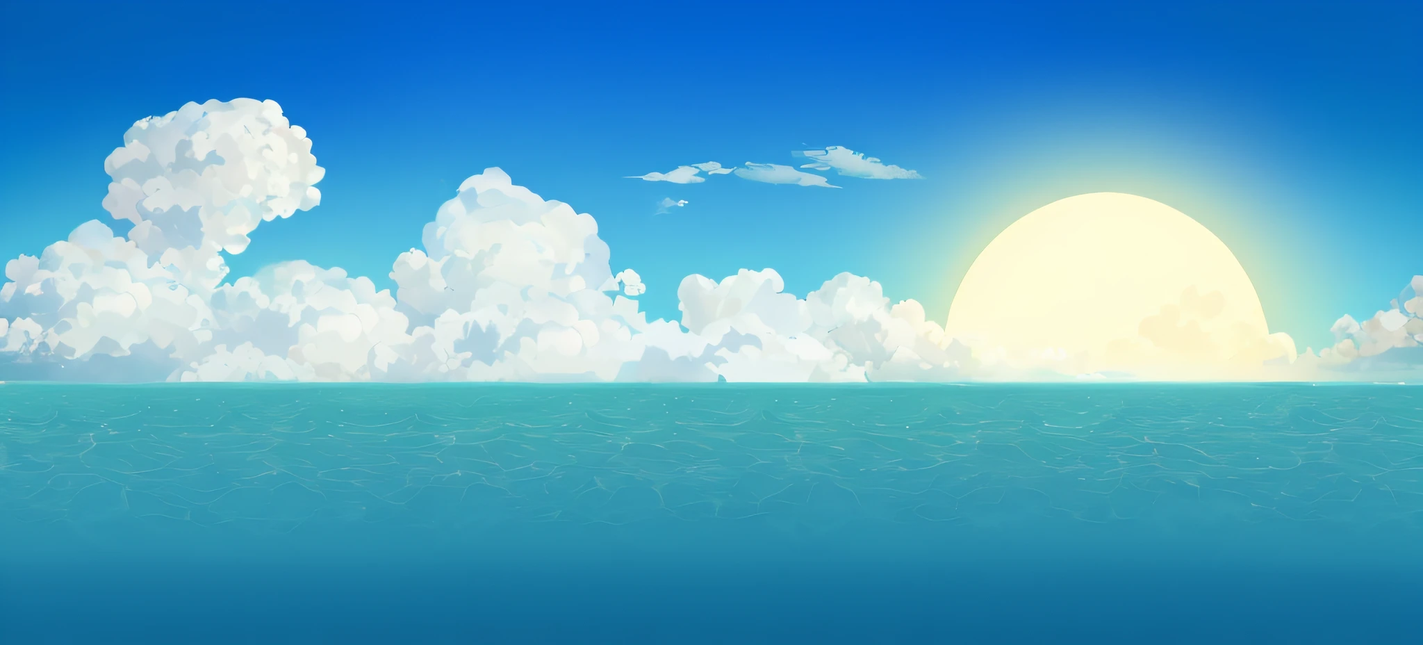 Big sunset with clouds on the ocean, sky and ocean background, Sunny day background, Sea backgroun, detailed scenic view,beautifull puffy clouds,Clear and detailed ripples on the sea,Sea surface ripples. anime big breast, sunny day background, ocean background setting, arte de fundo, the ocean in the background, Sea background, calm ocean landscape, clear summer sky background, bright sunny summer day, background artwork