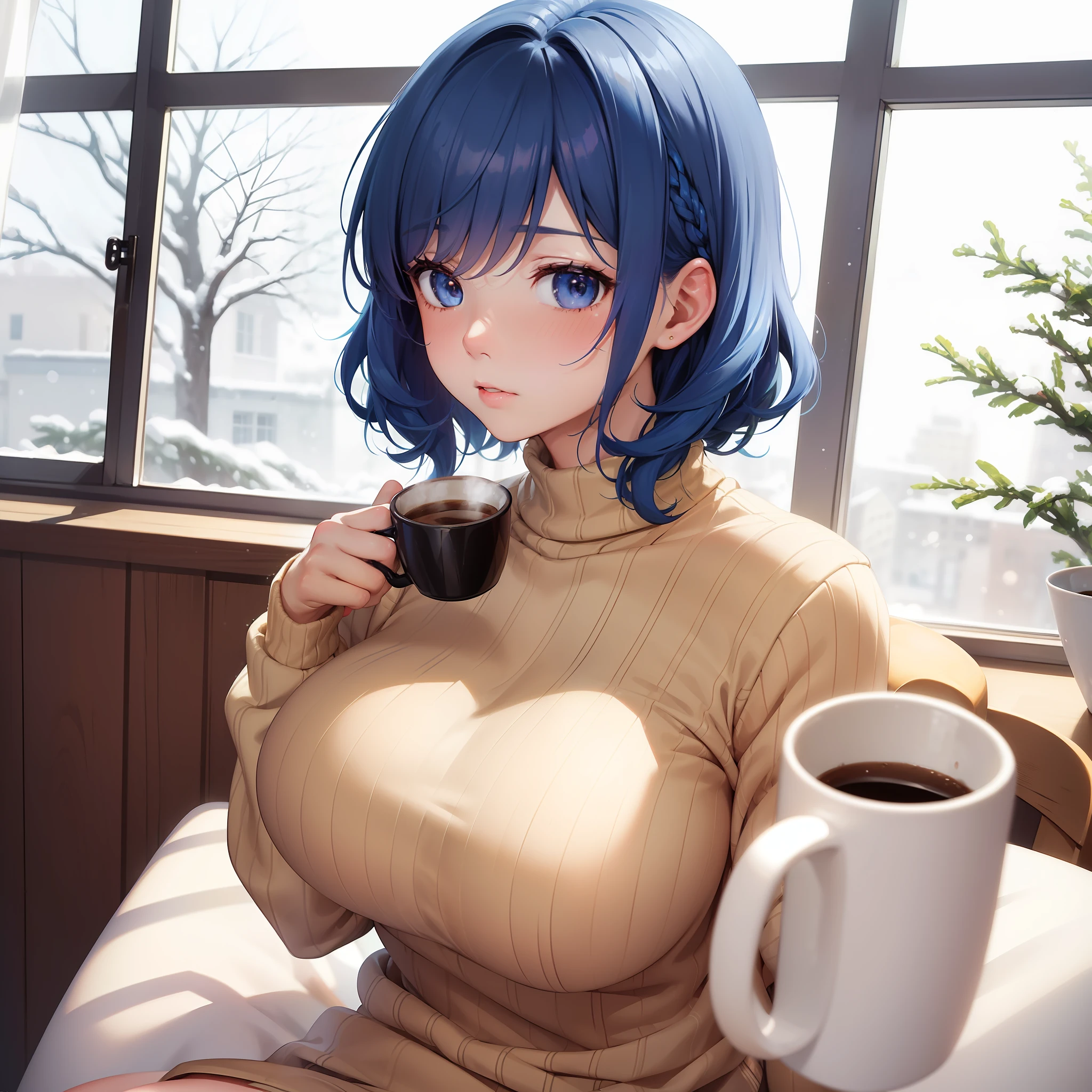(SFW:1.4), masterpiece, 8k, best quality, highly detailed, 1girl, cozy colorful christmas sweater, upper body, looking into the camera, blushing, very big breasts, (pale skin:1.2), (blue hair:1.3), short curley hair, sitting on a chair in a room, big (coffee mug:1.2) in her hands, (window in the background:1.4), snowing outside