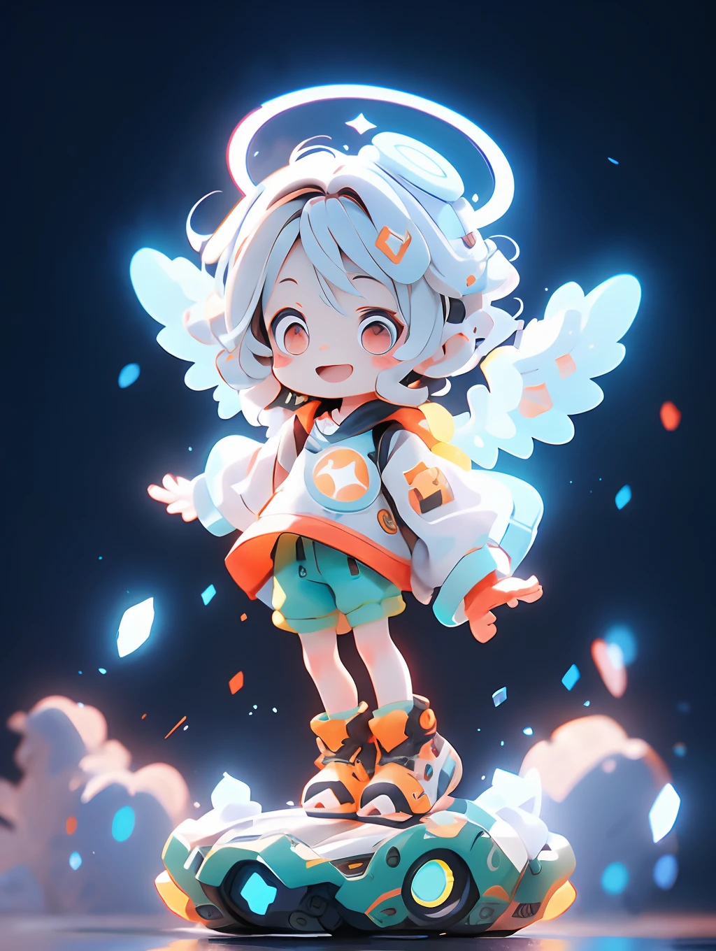 Shota，White color hair ，male people，Q version，（toddlers，baby）， adolable， standing on your feet， Master masterpieces， A high resolution，8K，detailedbackground，high high quality，Libido boy，（（（独奏））），(Angel wings，angelic halo，White clothes，The barefoot：0.6)，looking at viewert，angle of view，From above，Dreamlike，magical，baiyun，（Warm light source：1.2），upper sky，On the clouds，A happy expression，shorter pants