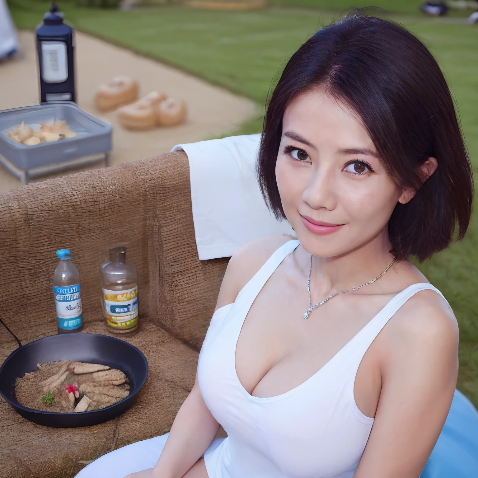 (Best Quality:1.1, masterpiece:1.1), high resolution, 16K HDR, (Photorealistic:1.4), 超A high resolution, Highly detailed eyes, 1girl in, (Barbecue dishes:1.3, At the campsite), (White Tank Top Shirt:1.3, gigantic cleavage tits:1.7, Realistic nipples :1.55), Beautiful mature Japan wife, Detailed face, Shaved armpits, (many Children are playing around the campsite:1.5),