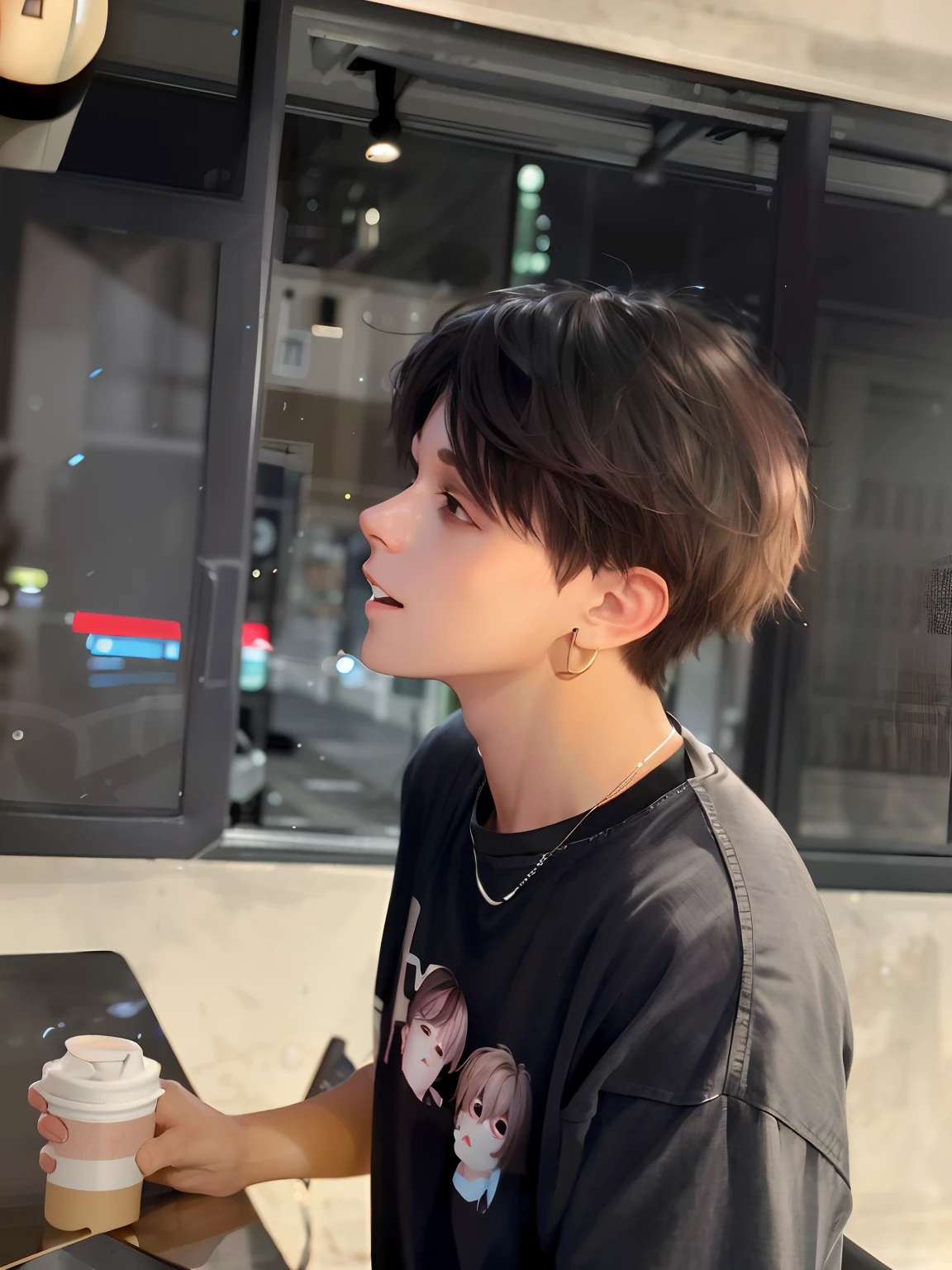 Ridiculous, masterpiece, blush, glowing eyes, oversized, loose clothes, androgynous, gender blur, solo, collarbone, natural makeup, tones, choker, extremely short hair, (light laugh: 0.1), [1boy :: 0.2], tall messy hair, earrings,