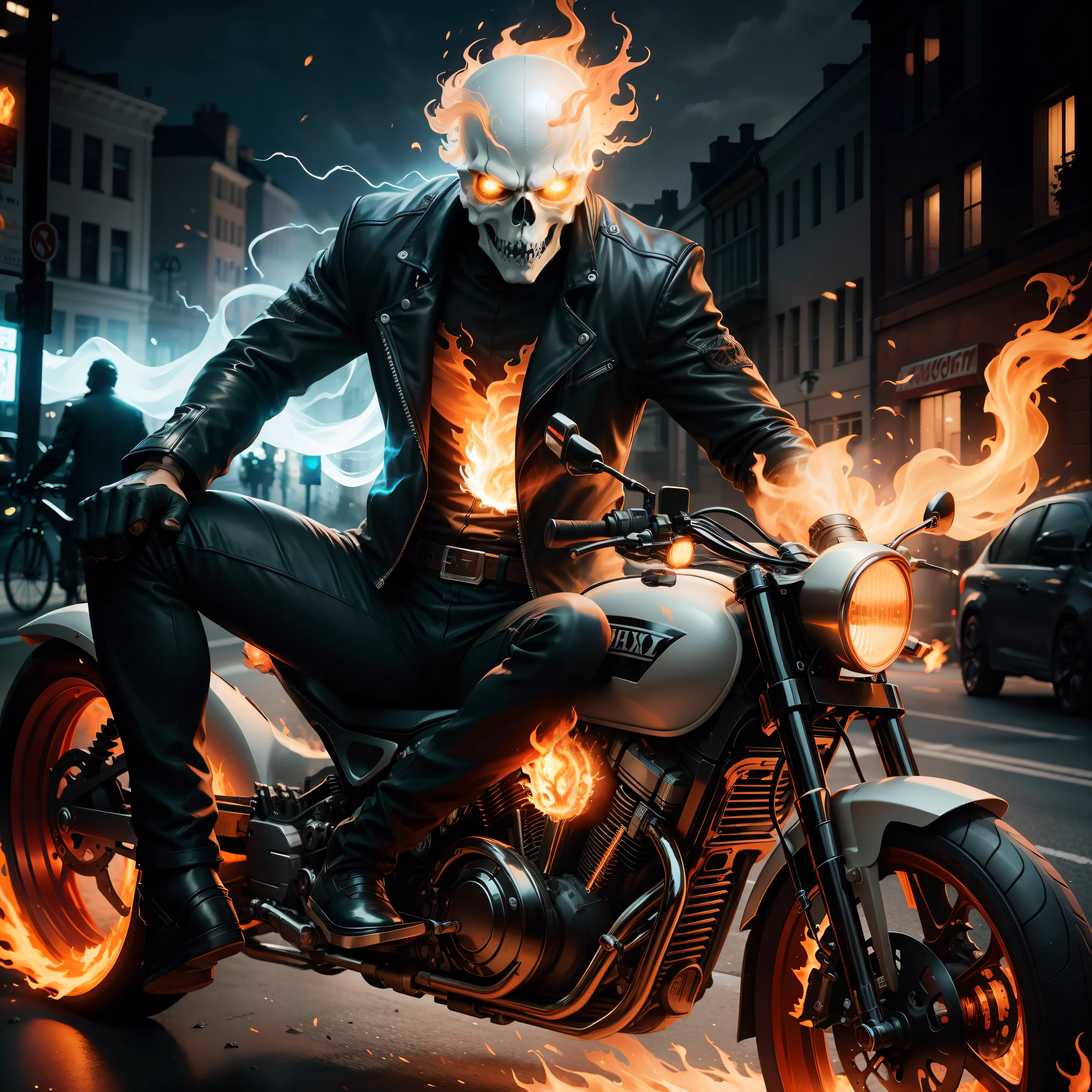 stunning ghost rider riding bike in the streets with flame on entire body, fireluminescent, long exposure light, floating flame particles, masterpiece, realistic, 8k,