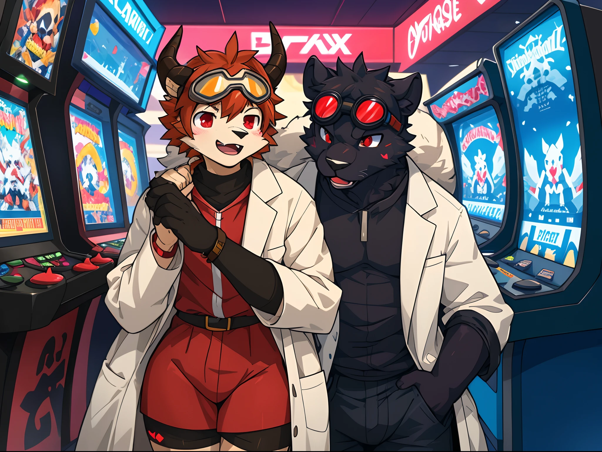 trending on pixiv, (masterpiece), (anime), (male_only) (furry), (couple picture), (2characters: a {black fur panther with red eyes dressed as an arcade gamer}, a {skinny biological scientist professor: multi coloured skinny sheep with demon horns and dressed with a white coat and goggles.}), romantic couple pose, (small build), (tail), (visible fur paws), (round butt), aroused, hearts, EasyPositive,