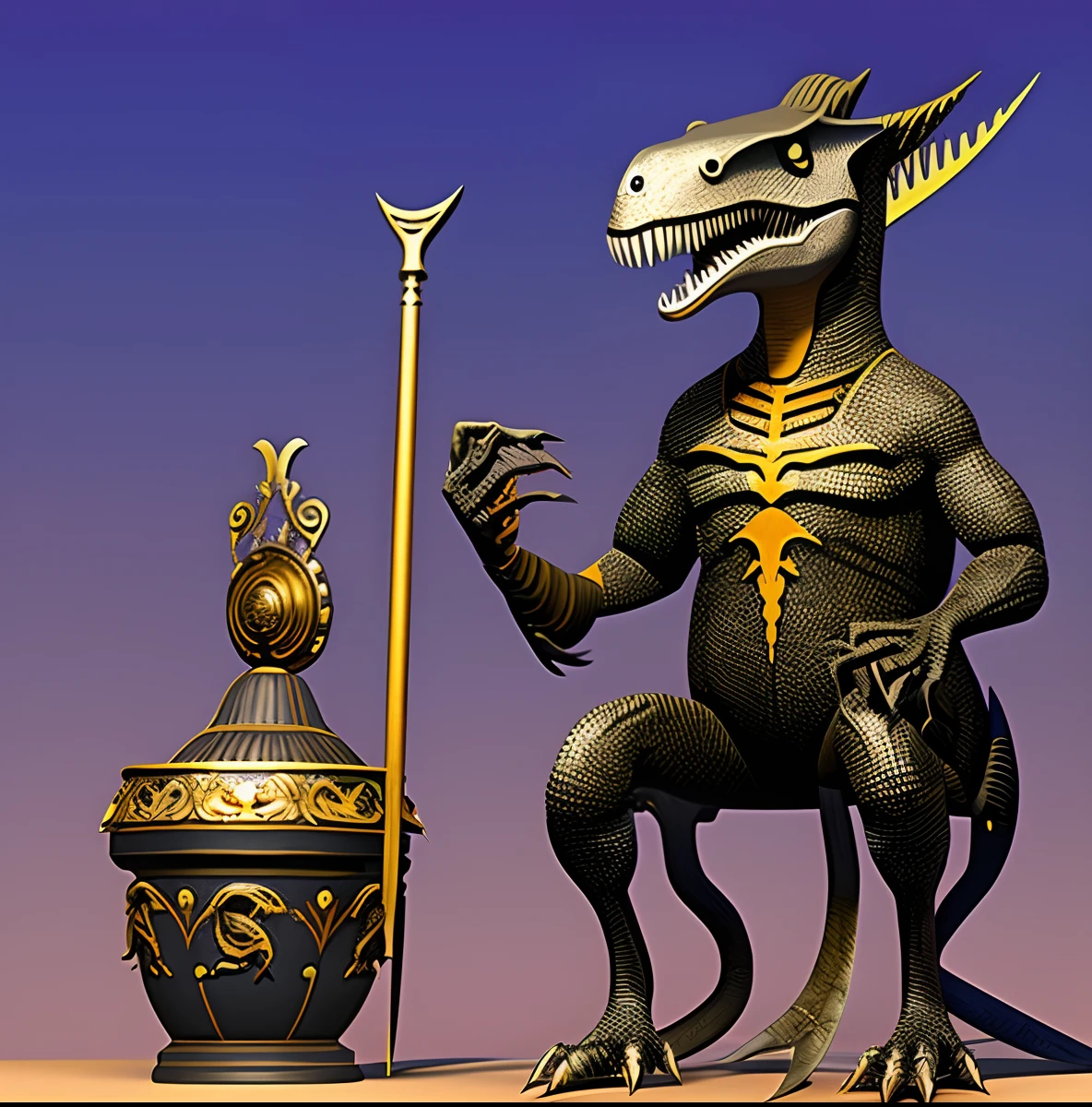Allosaurus anthropomorphic，Dinosaur man，coda，a throne，sceptre，Blue-orange color scheme