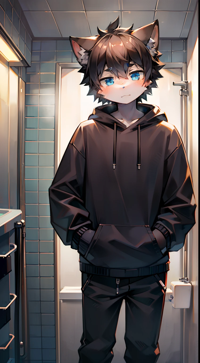 Solo, kemono, male, black hair, blue eyes, wear gray hoodie, wear black pants, look at camera, standing in bathroom, public bathroom background