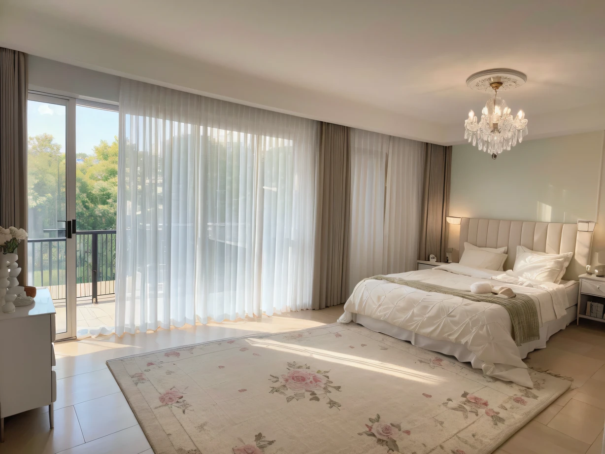 ，masterpiece, best quality，8k, ultra highres，Step into this dreamy bedroom，Soft down linens wrapped around my body like clouds，The electric curtain slowly opens，Feel like you're in the middle of the stars。The crystal light at the head of the bed reflects the shadow of a fairyland，It made me feel like I was in a fairy tale，I can't help but look forward to every sweet dream。