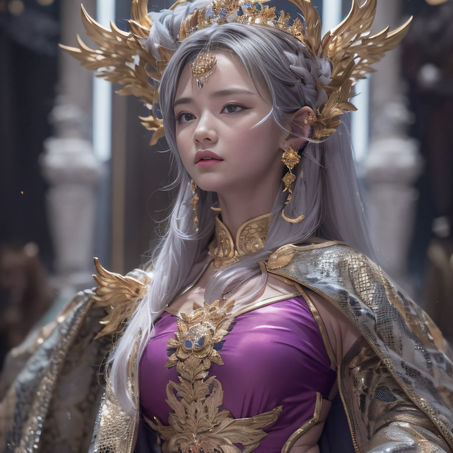 16k(tmasterpiece,k hd,hyper HD,16k)short detailed hair,Gold jewelry area in the back room,King Girl ,Silver Dragon Protector (realisticlying:1.4),Python pattern robe,Purple-pink tiara,Snowflakes fluttering,The background is pure,Hold your head high,Be proud,The nostrils look at people, A high resolution, the detail, RAW photogr, Sharp Re, Nikon D850 Film Stock Photo by Jefferies Lee 4 Kodak Portra 400 Camera F1.6 shots, Rich colors, ultra-realistic vivid textures, Dramatic lighting, Unreal Engine Art Station Trend, cinestir 800,Hold your head high,Be proud,The nostrils look at people