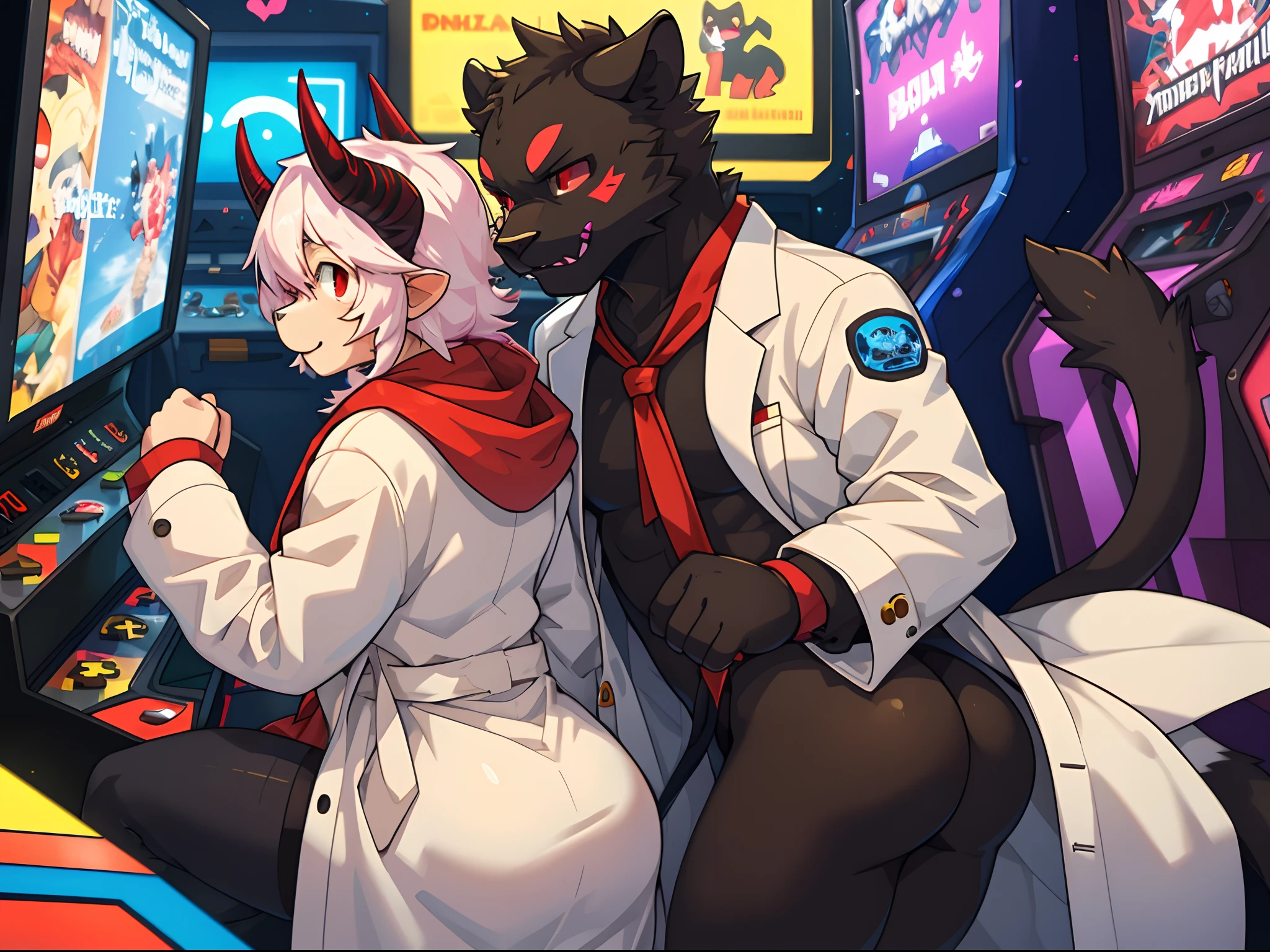 trending on pixiv, (masterpiece), (anime), (male_only) (furry), (couple picture), (2characters: a {black fur panther with red eyes dressed as an arcade gamer}, a {skinny biological scientist professor: multi coloured skinny sheep with demon horns and dressed with a white coat and goggles.}), romantic couple pose, (small build), (tail), (visible fur paws), (round butt), aroused, hearts, EasyPositive