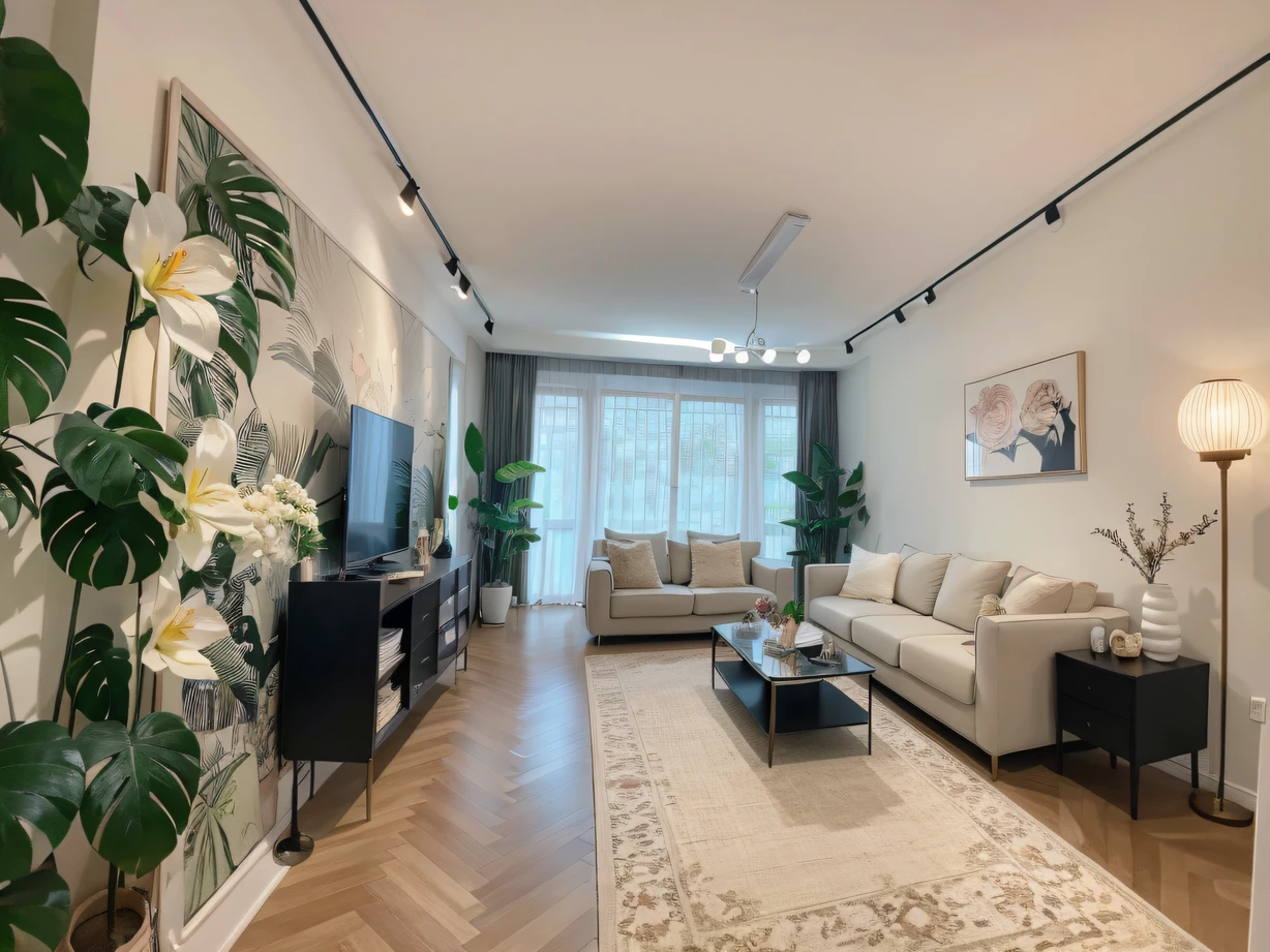 ，masterpiece, best quality，8k, ultra highres，Walk through the porch，Step into this fantastical living room，It was as if I had traveled into a lost forest。Huge flower murals encouring the space，The artworks on display seem to have a spiritual nature，Complemented by exquisite furnishings。Comfortable sofa，Soft music wraps around gently，Let me immerse myself in this fairytale home world。