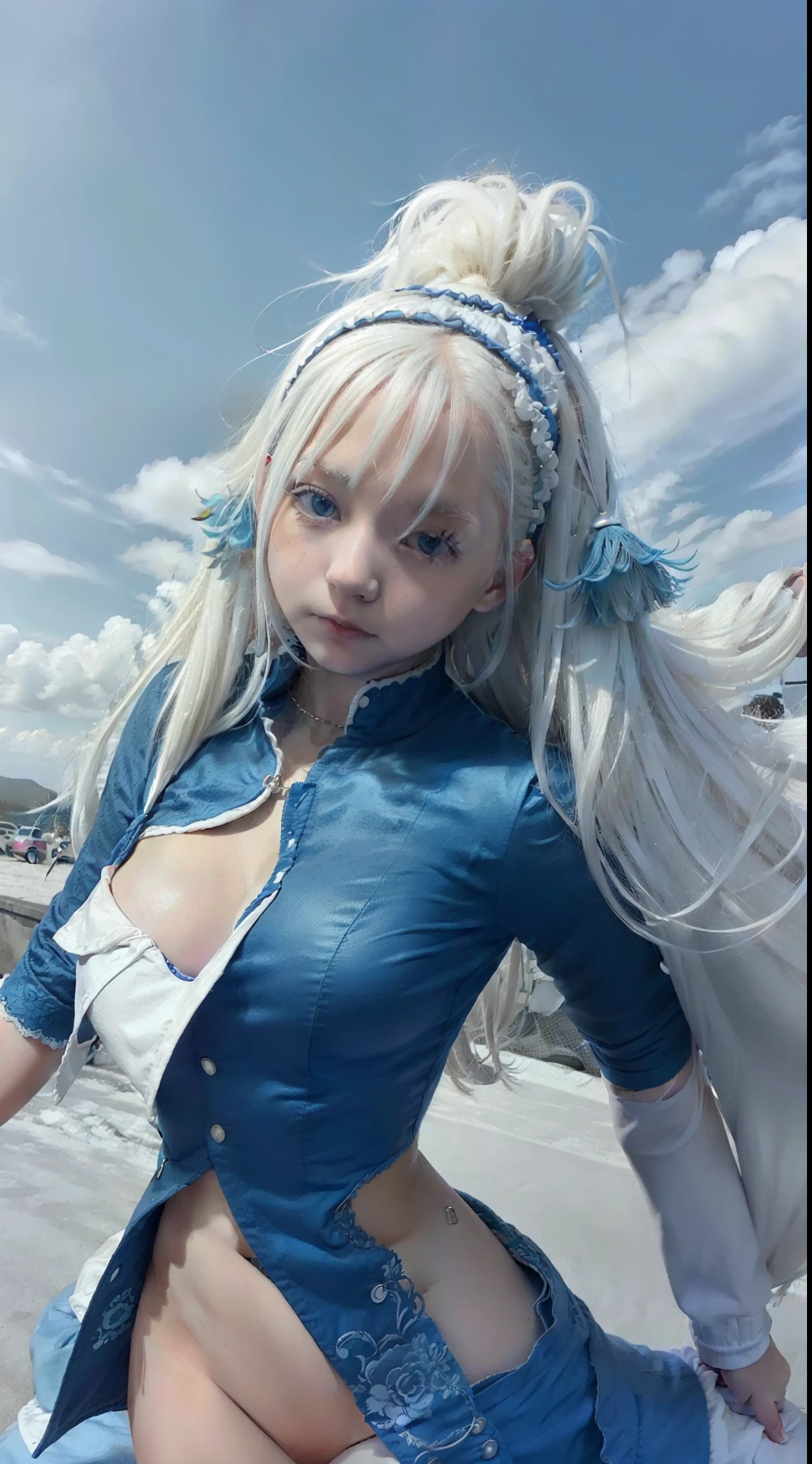 1 girl, white hair, blue jacket, blue crown, missing arm, missing leg, realistic, 70mm lens,
