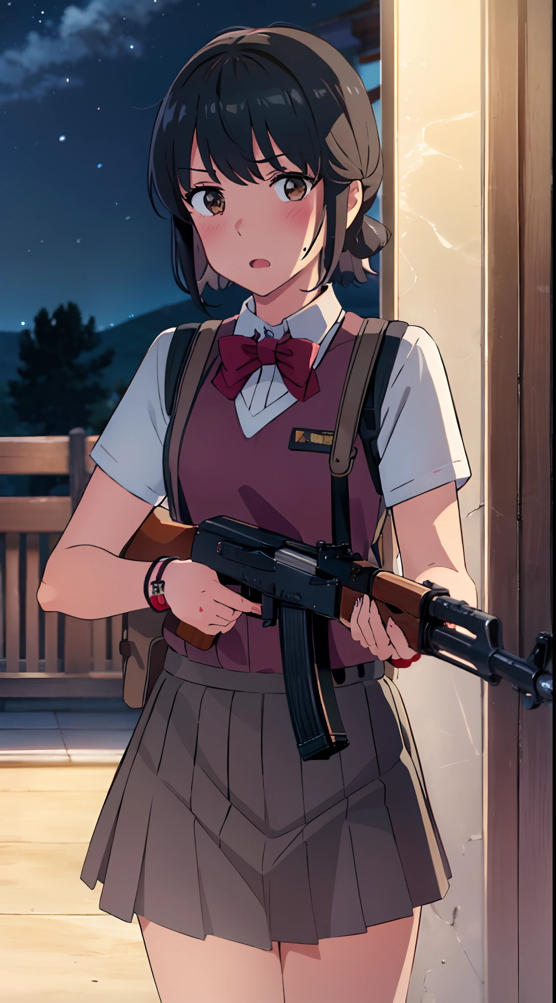 shinkai makoto, kimi no na wa., 1girl, bangs, black hair, blush, brown eyes, Suspender Clothes, looking at the viewer, Clavicle, red bow, red headband, red ribbon, short hair, cute, solo, skirt, short sleeves, open mouth, Night, Nightview, Outdoors, Fighting Stance, Despair Face, bracelet, cowboy shot, holding_gun, ak-47, akm, assault_rifle, kalashnikov_rifle, aiming, finger on trigger