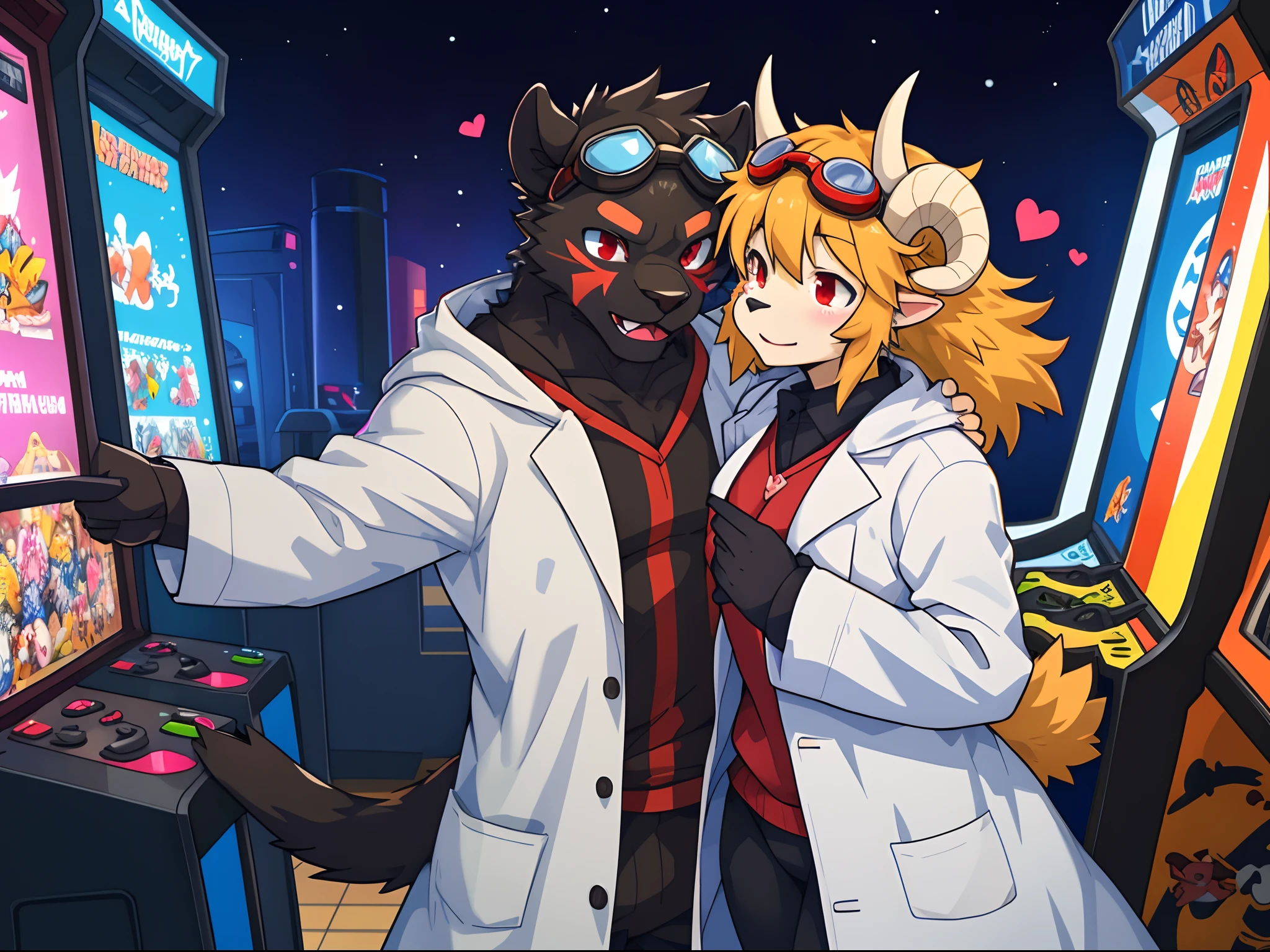 trending on pixiv, (masterpiece), (anime), (male_only) (furry), (couple picture), (2characters: a {black fur panther with red eyes dressed as an arcade gamer}, a {skinny biological scientist professor: multi coloured skinny sheep with demon horns and dressed with a white coat and goggles.}), romantic couple pose, (small build), (tail), (visible fur paws), (round butt), aroused, hearts, EasyPositive