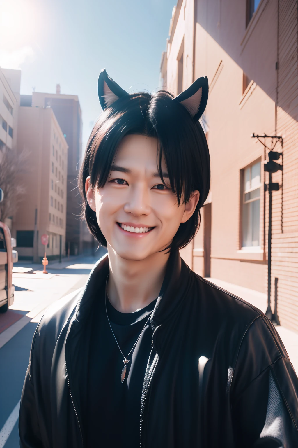 black hair, hair bobbles, wince, longeyelashes, solid circle eyes, fake animal ears, light smile, ear blush, fang, Surrealism, drop shadow, anaglyph, stereogram, tachi-e, pov, atmospheric perspective, Surrealism, cinematic lighting, 8k, super detail, ccurate, best quality