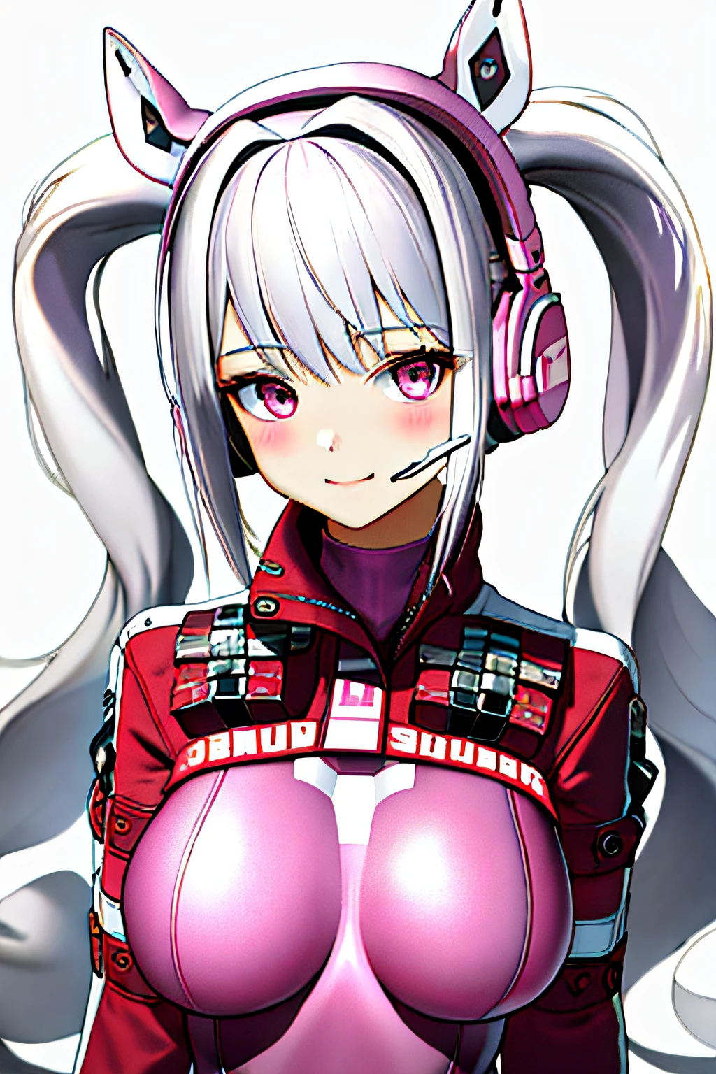 1girll, Animal ears, bangs, Blush, tightsuit, Breasts, Closed mouth, Fake animal ears, mitts, Earphone, headset on head, Horse Ears, Impossible clothes, Jacket, Large breasts, Long hair, Long sleeves, view the viewer, pink leotard, Pink eyes, Simple background, skin tight, Smile, Solo, double tails, Upper body, Very long hair, White background, White gloves, White hair,Alice \(Nikke\),(Masterpiece:1.4),(Best quality:1.4),(Shiny skin),Realistic