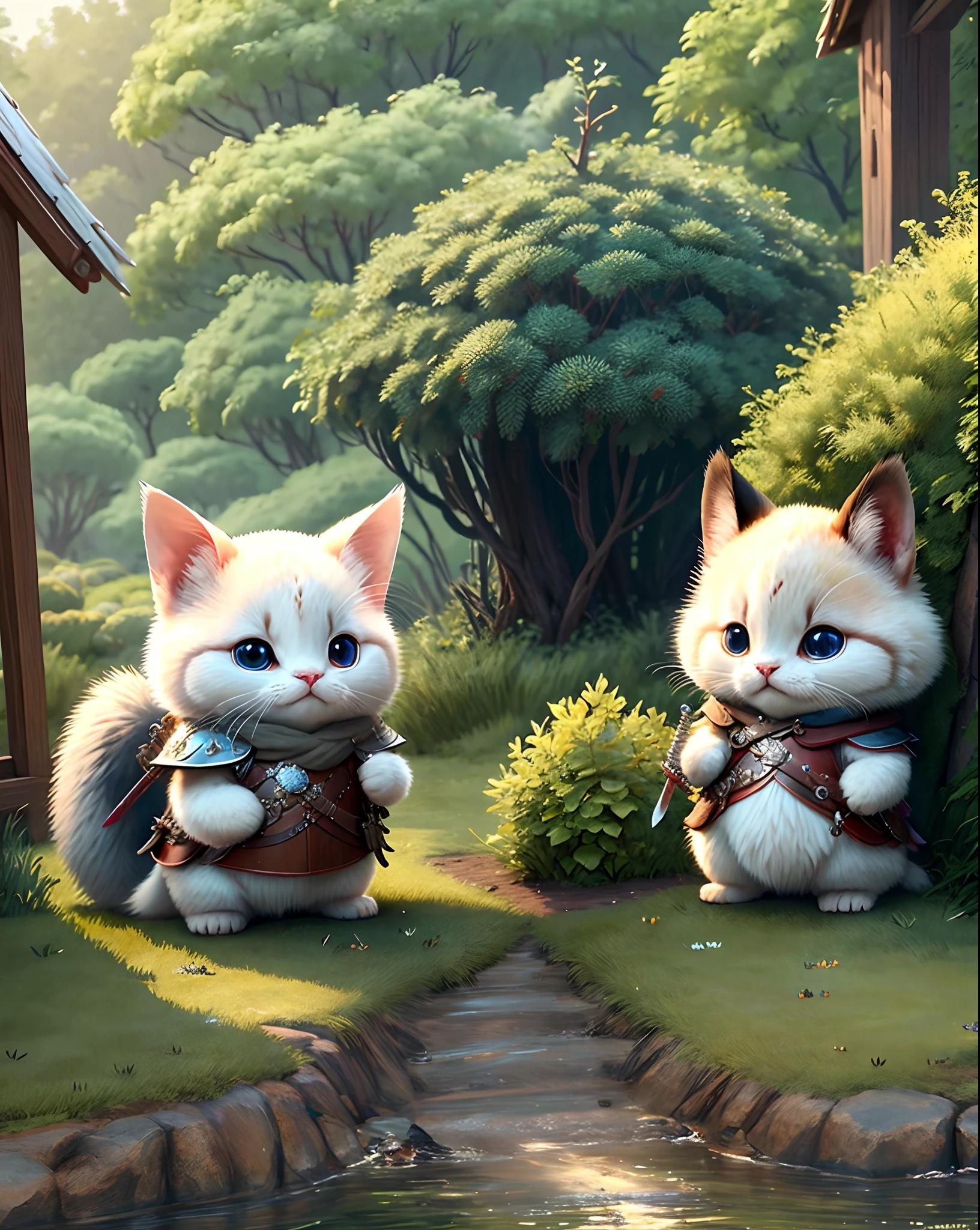 Top image quality、"Create a masterpiece of cute creatures. （Siamese）, high detailing, in 8K、Top image quality、Dressed as an adventurer in the game、Holding a sword and shield in each hand、